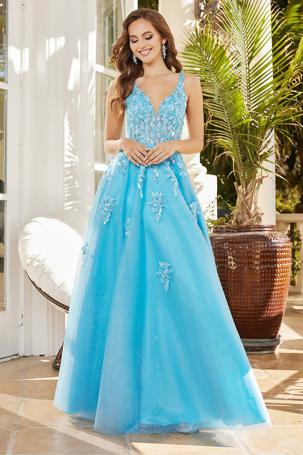 OH3090 A Line Long Formal Floral Glitter Prom Formal Dress