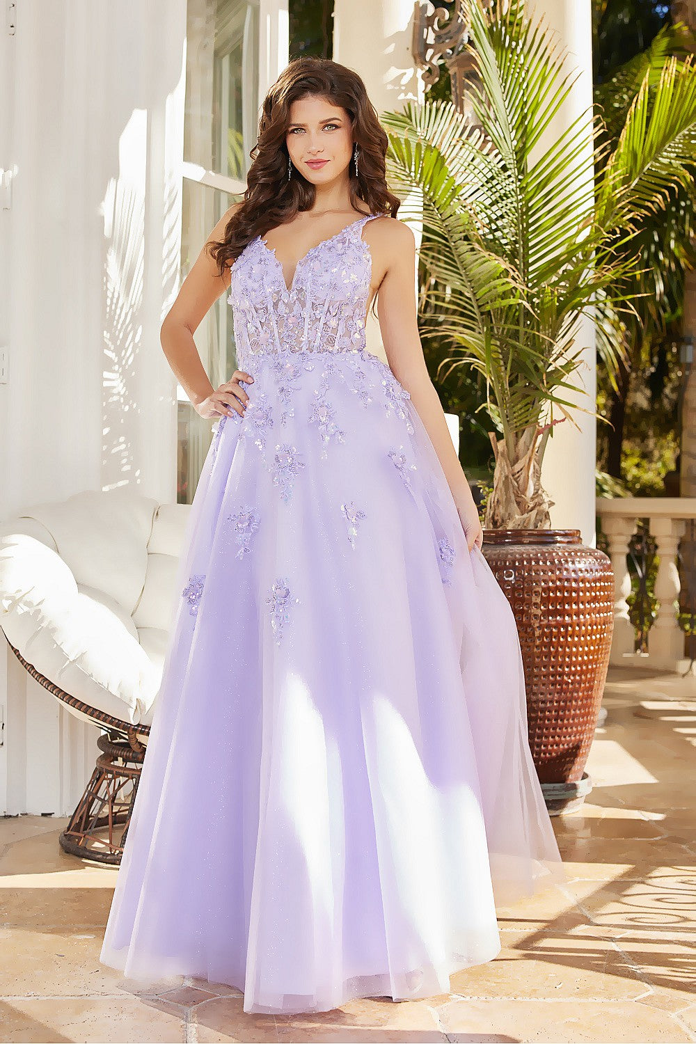 OH3090 A Line Long Formal Floral Glitter Prom Formal Dress