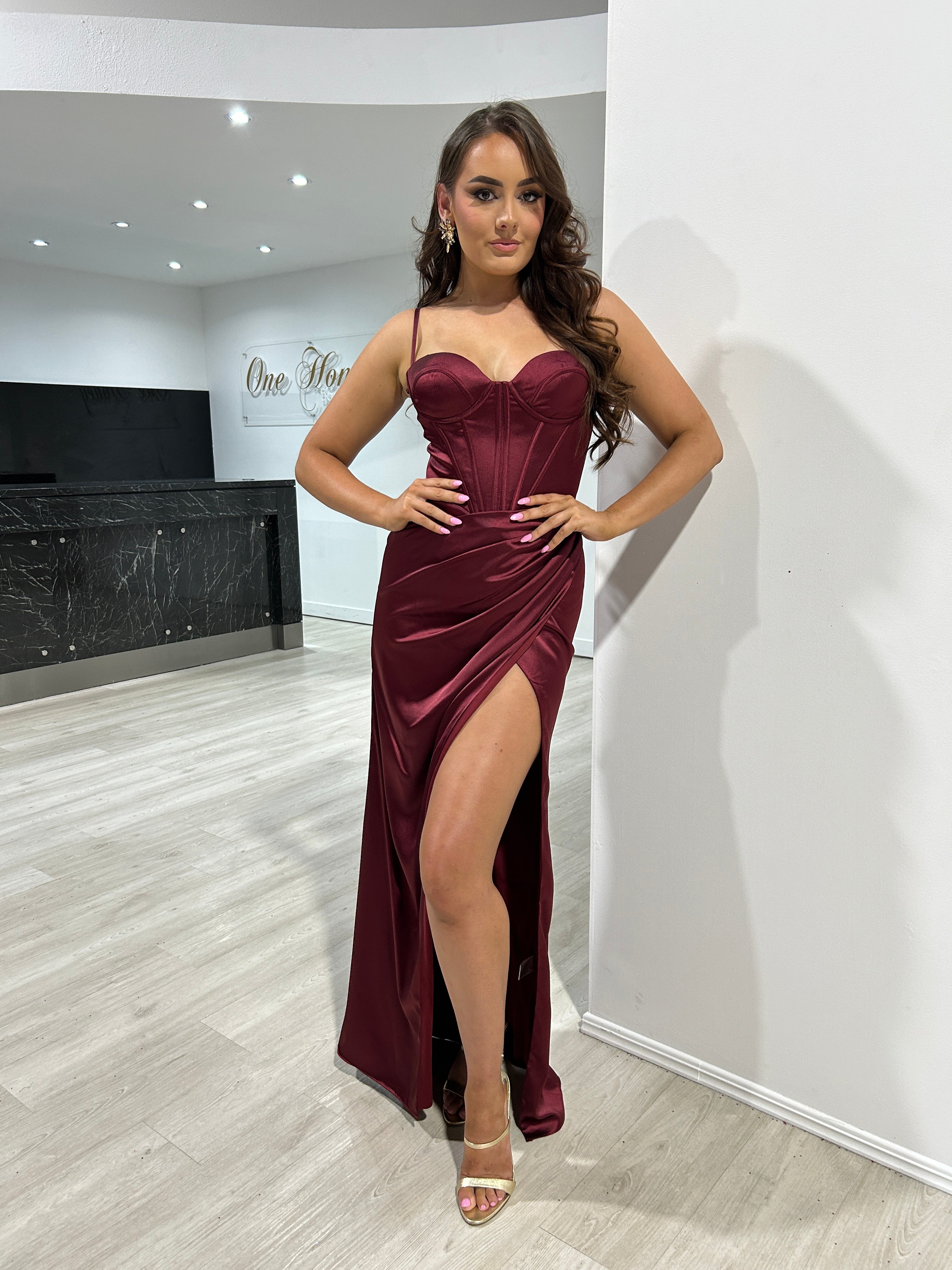 Honey Couture ZENA Burgundy Satin Corset Bustier Leg Split Formal Dress