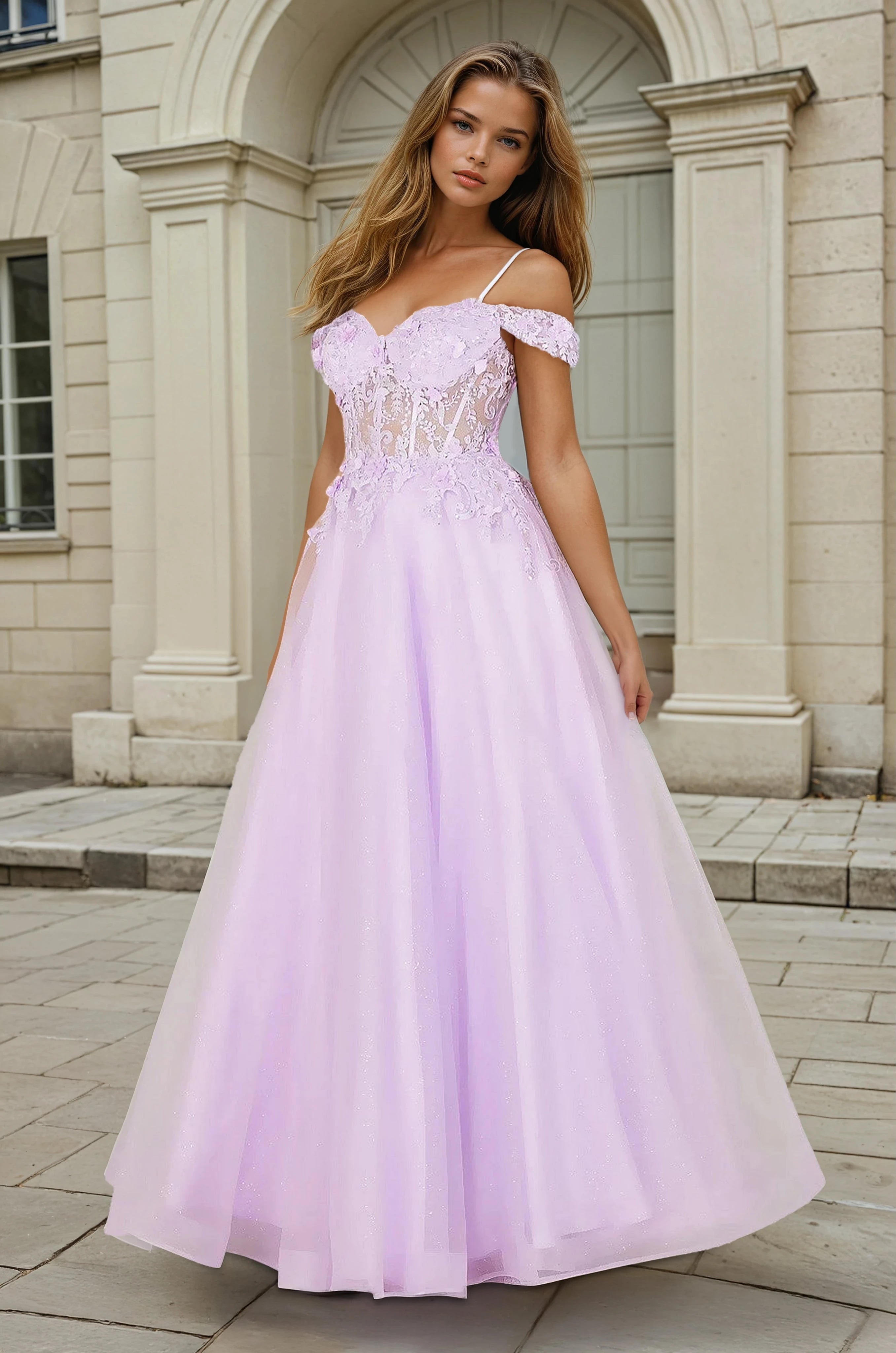 OH3109 Off Shoulder Glitter 3D Floral Applique Formal Dress