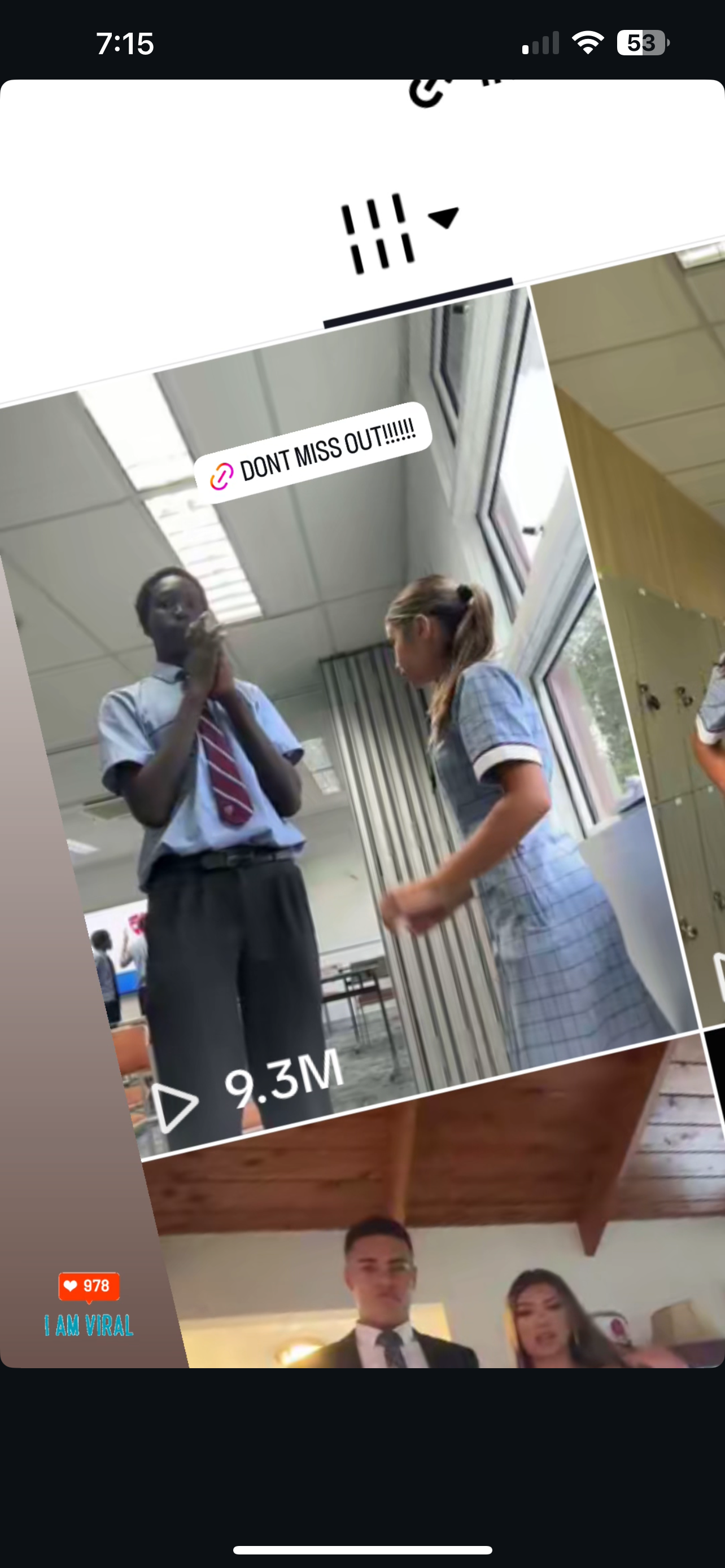 Two students in a classroom, one in a tie and the other in a dress, with a viral video overlay showing 9.3M views. Text reads 'Don't Miss Out!'.