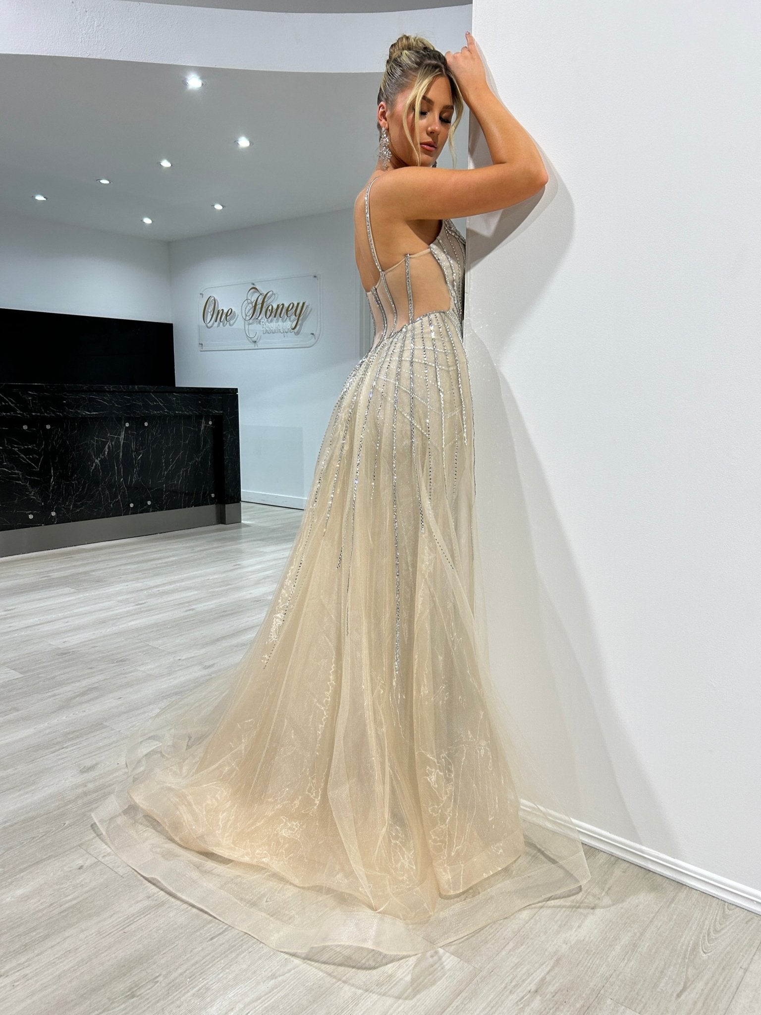 BELLA AMORE Platinum Silver Beaded Overskirt Formal Dress in Australia | One Honey Boutique