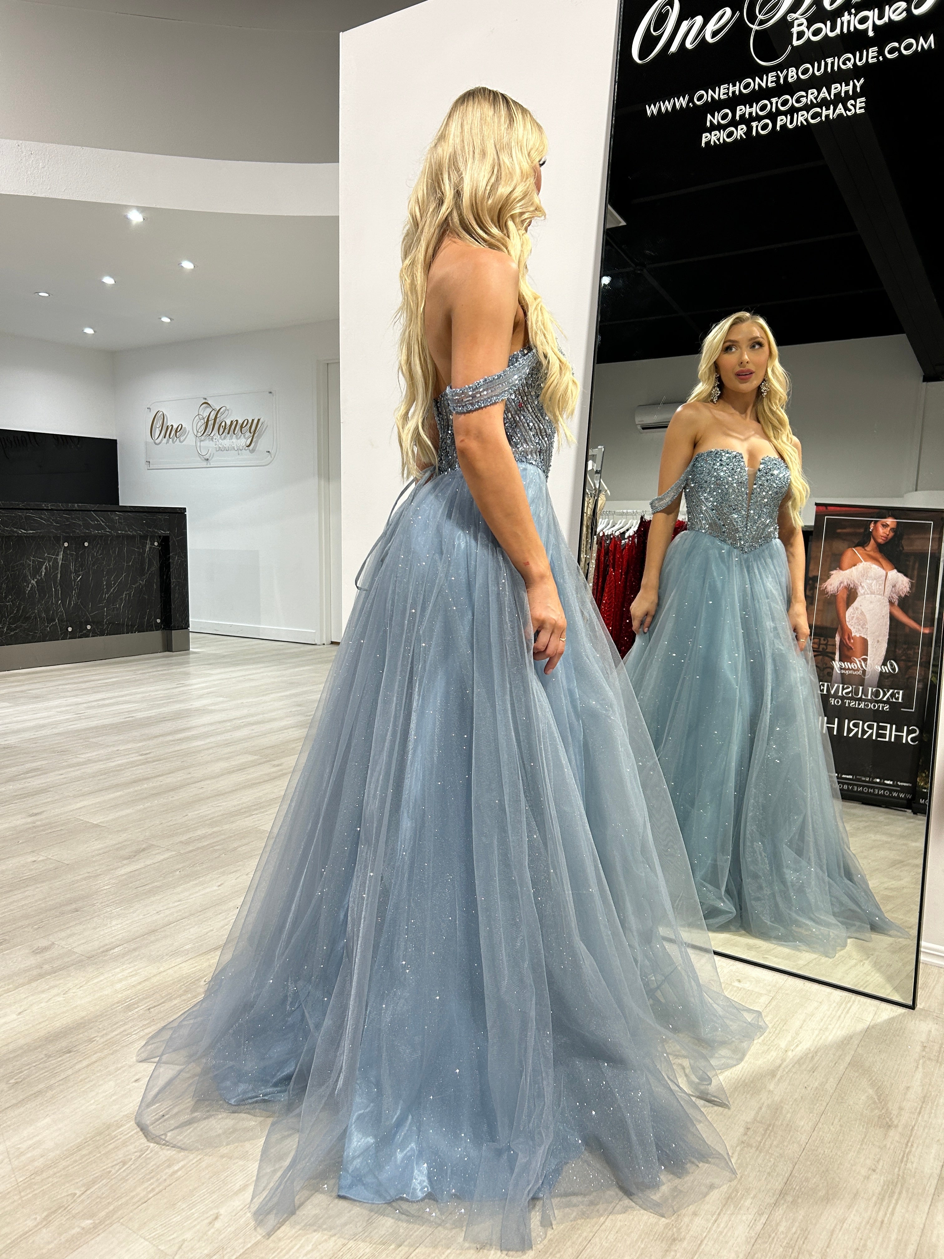 Honey Couture LEIA Smokey Blue Strapless Bustier Tulle A-Line Formal Dress