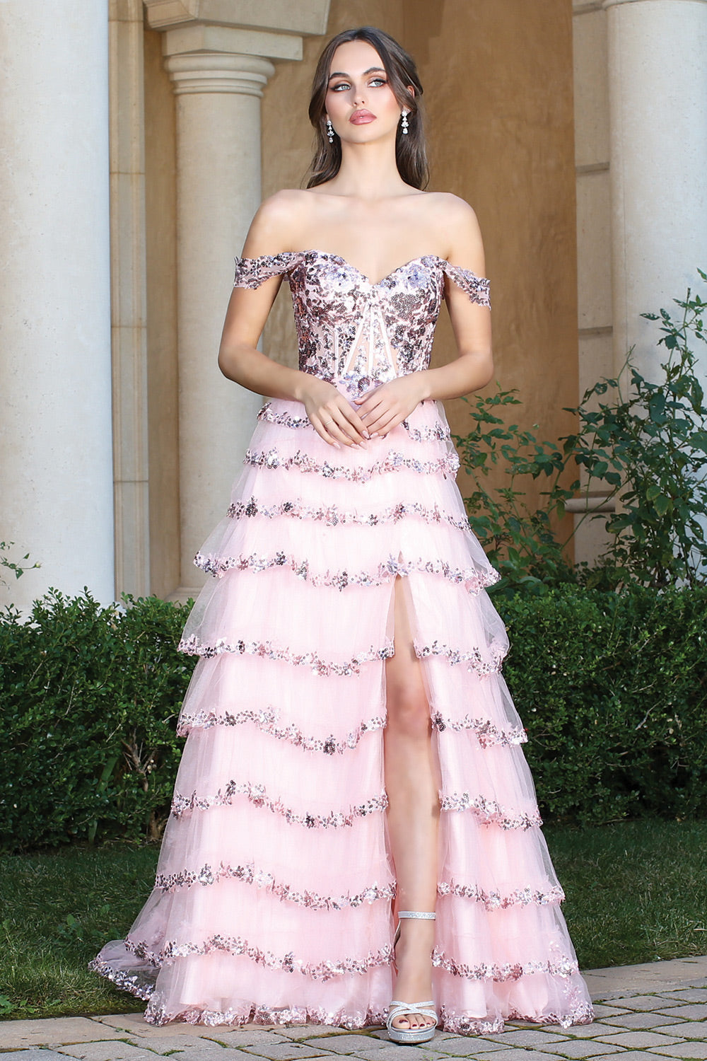 EMERY Tulle Layered Sequin & Glitter Leg Split A Line Prom Dress