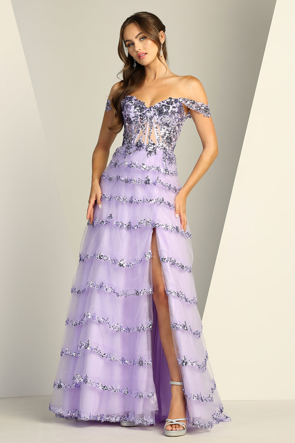 EMERY Tulle Layered Sequin & Glitter Leg Split A Line Prom Dress