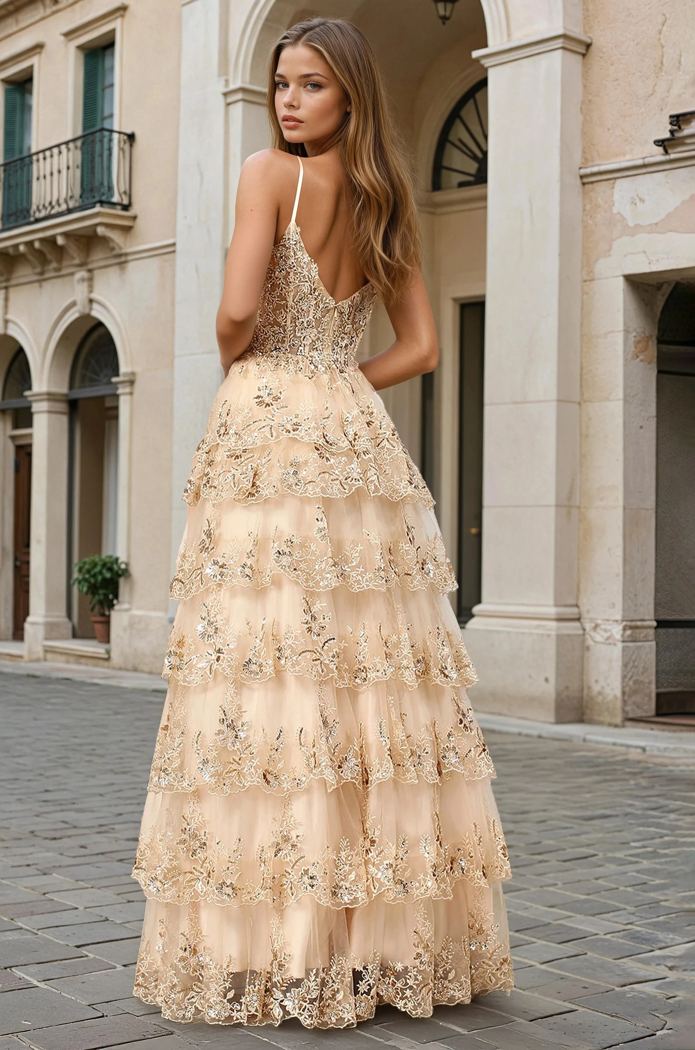 OH3217 Long A Line Sequin Lace School Formal Prom Dress in Australia | One Honey Boutique