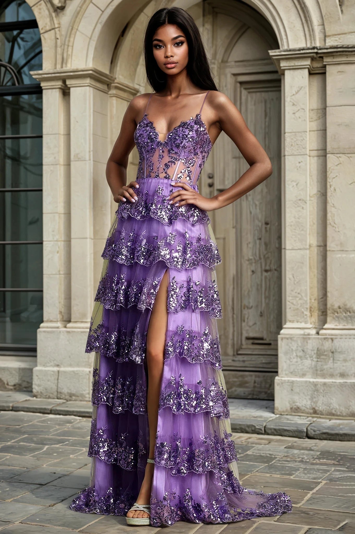 JORJA Corset Deep V Front Sequin & Glitter Leg Split Trumpet Prom Dress