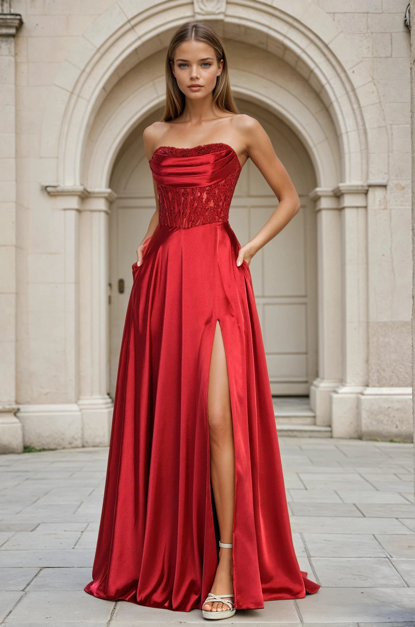KEELEY Lace Corset Strapless Silky A Line Prom Dress