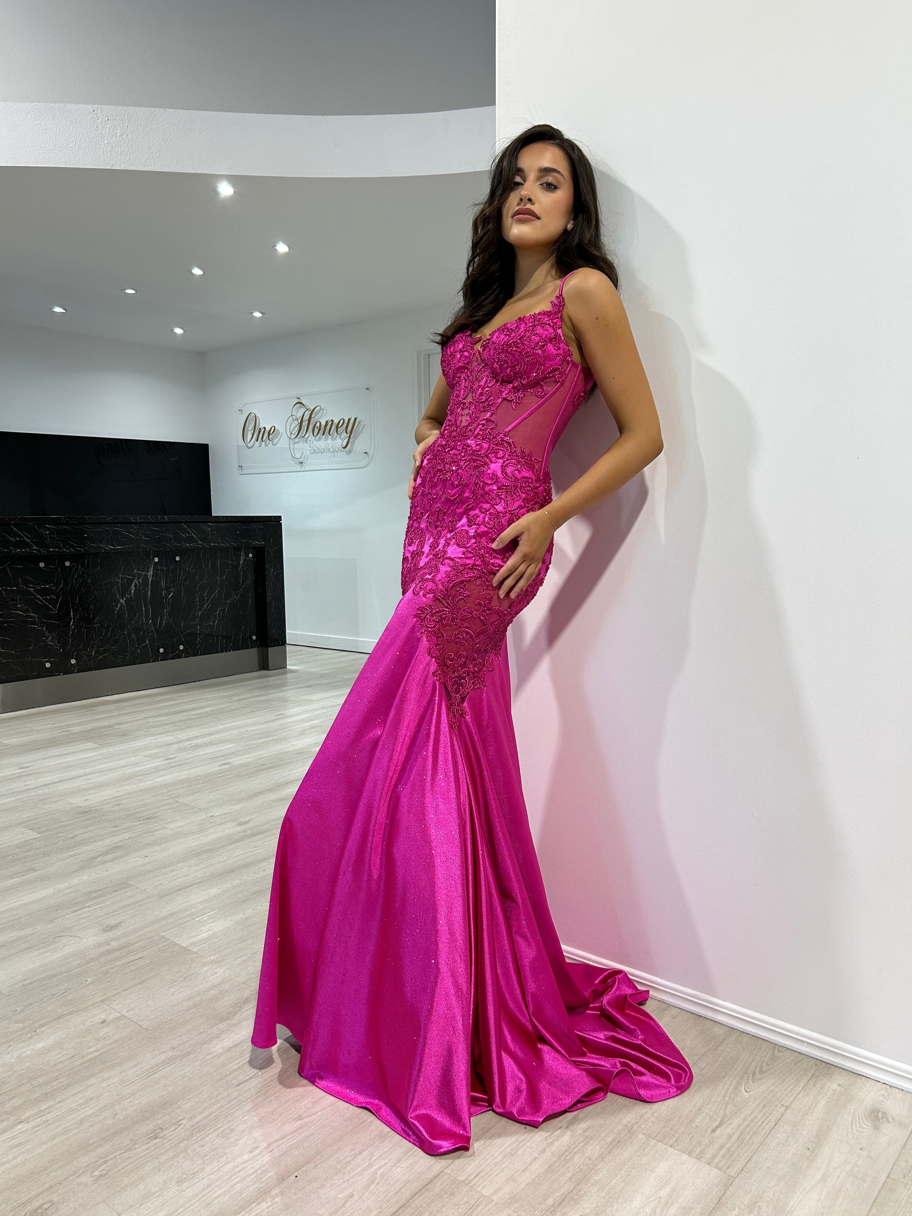 JEAN Fishtail Trumpet Formal Dress with lace bodice, glitter details; elegant evening gown fit for special events. Brisbane to Gold Coast.