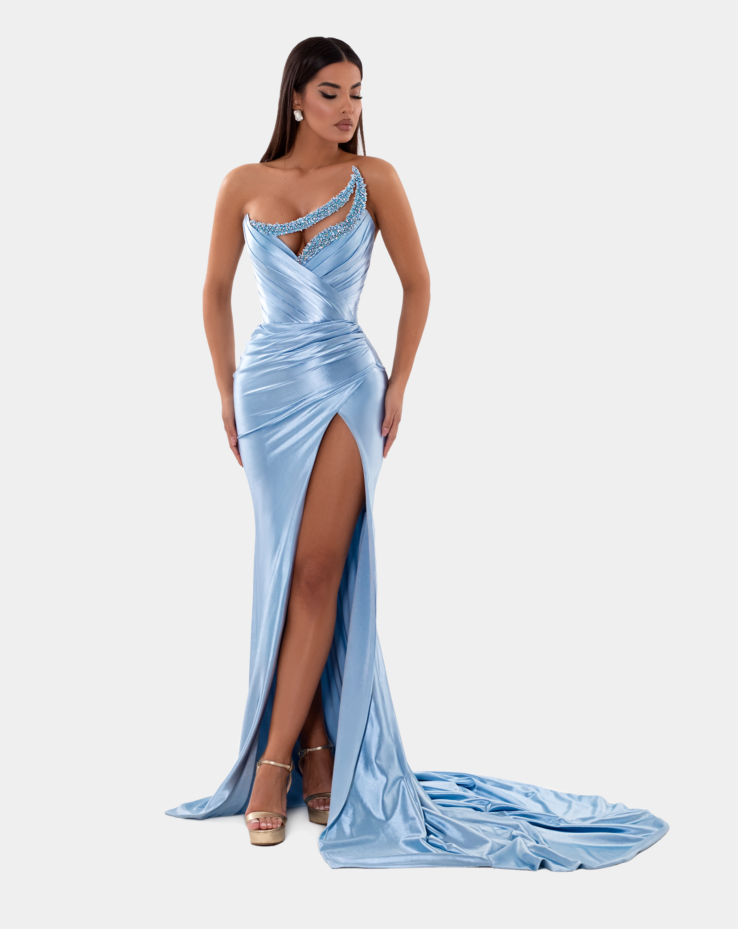ALBINA DYLA AD5118 blue silky beaded corset prom and formal dress with slit