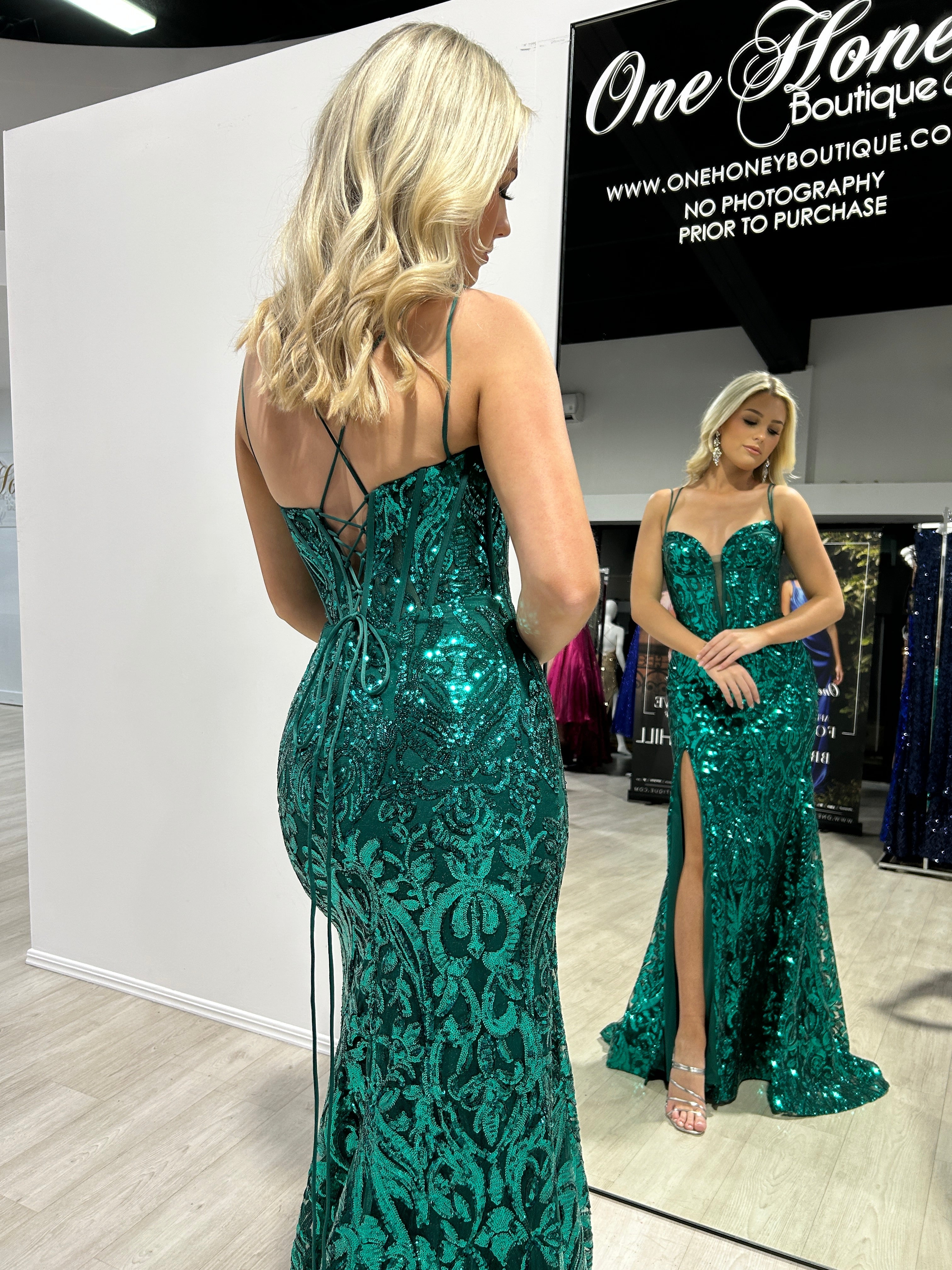 MILLIE Sequin Corset Mermaid Gown with scroll floral pattern and lace-up back, evening dress for Brisbane to Gold Coast, Australia.