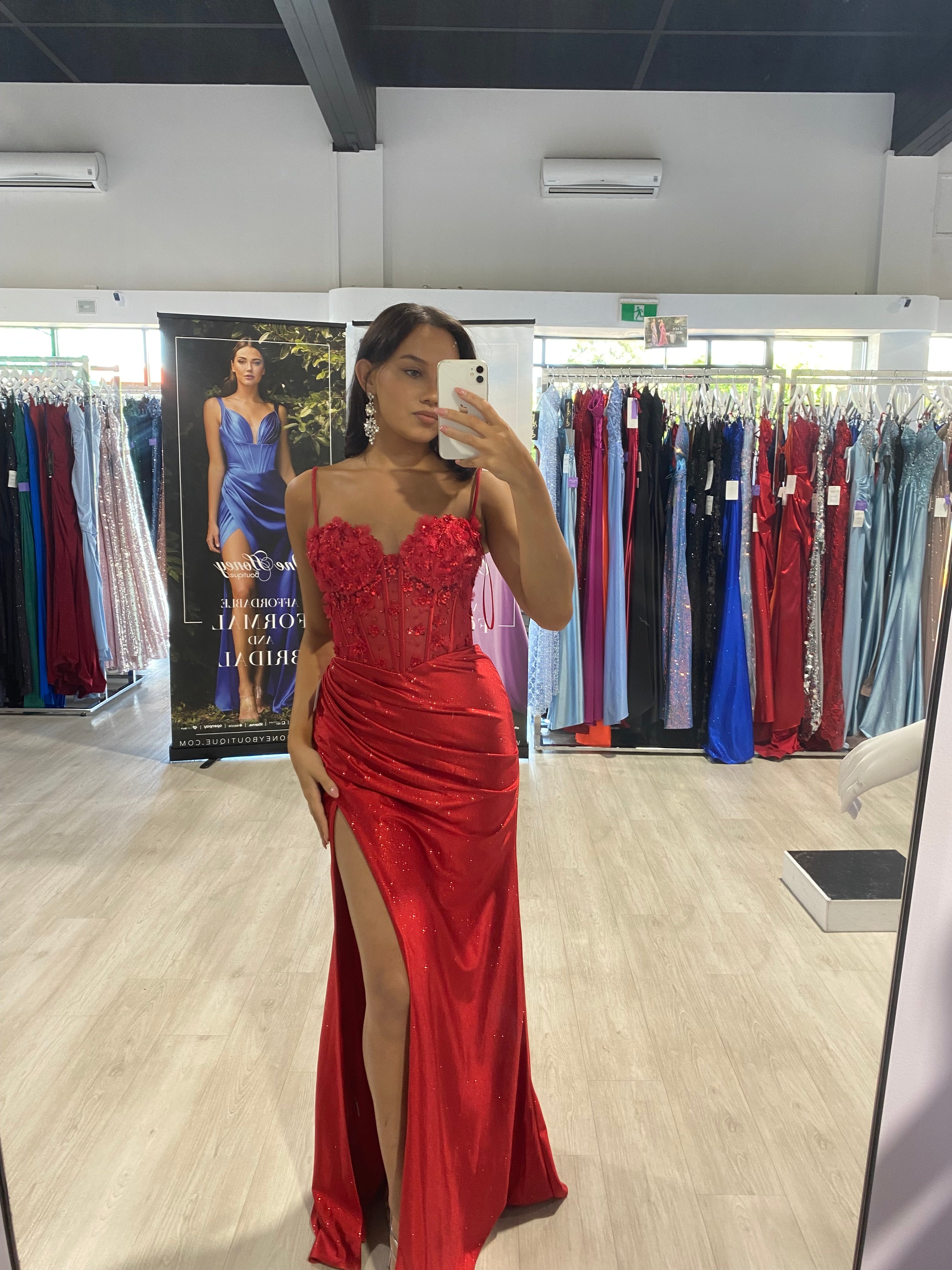 Honey Couture GENEVIEVE Red Flower Applique Corset Waist Formal Dress