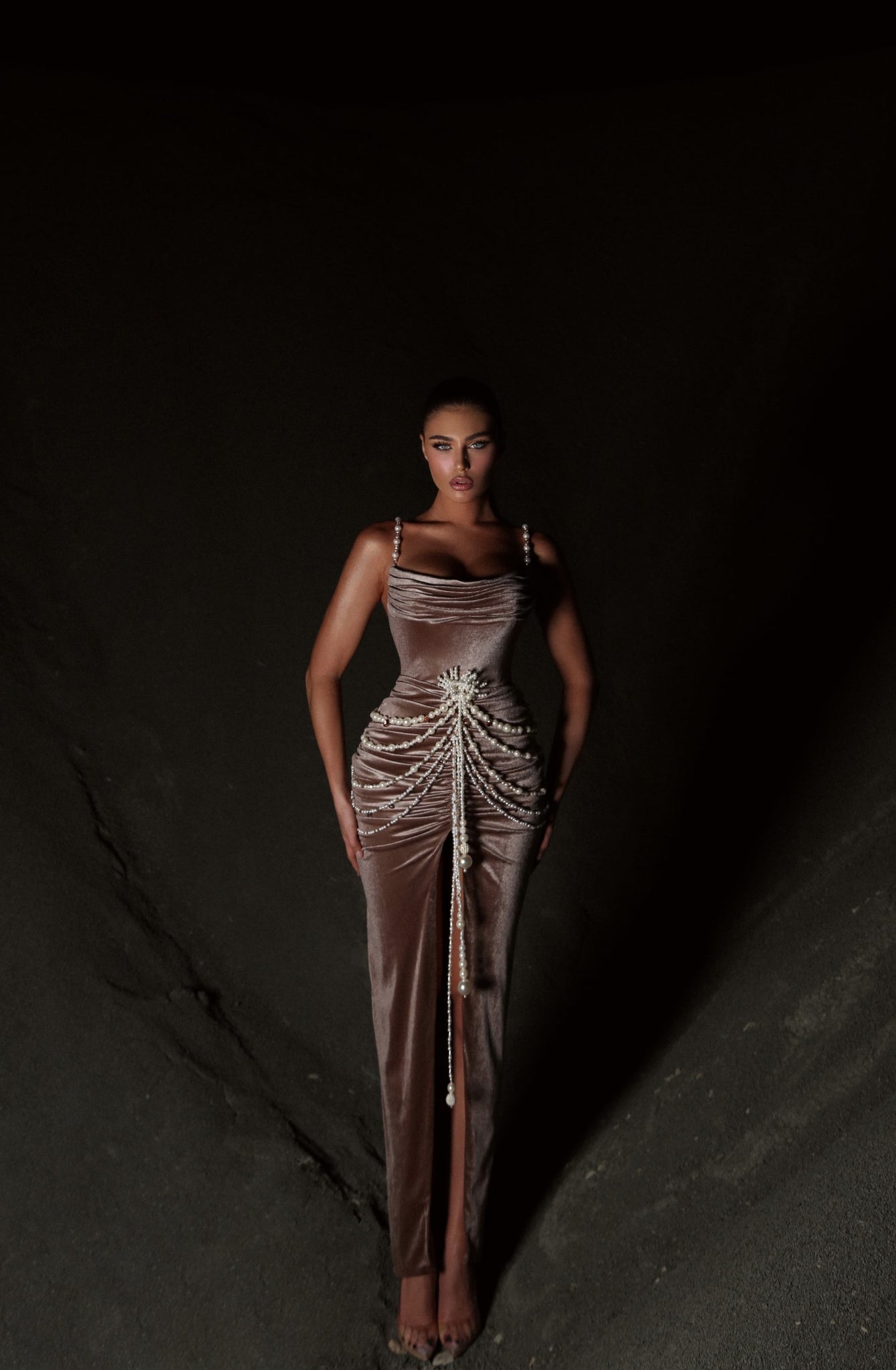 MINNA Fashion BROWNIE Beige Velvet with Pearl Detail Mermaid Dress, featuring a leg split, perfect for evening elegance. Brisbane to Gold Coast