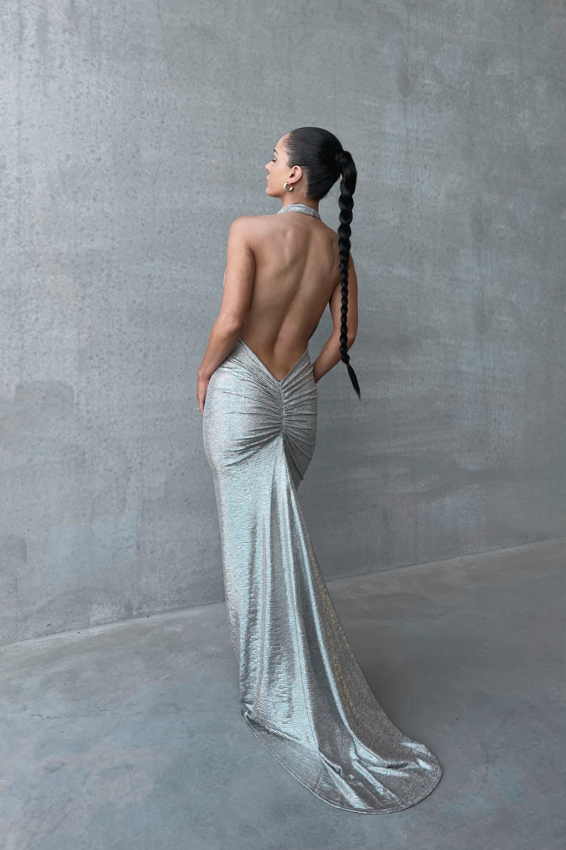 MÉLANI The Label MARIA Moonlight Silver Foil Cowl Neck Open Back Dress