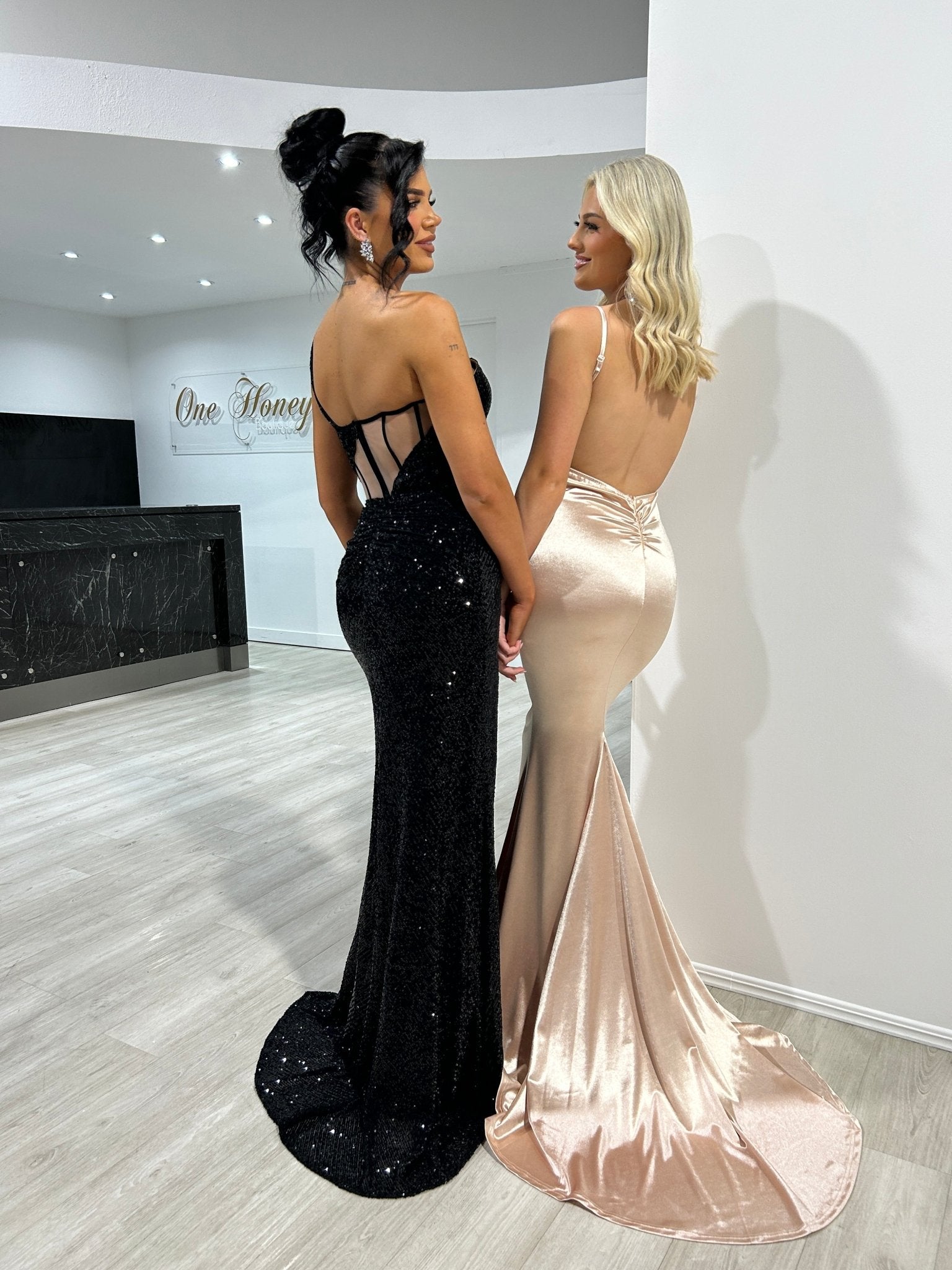 Honey Couture IRIS Black One Shoulder Sequin Corset Formal Dress in Australia | One Honey Boutique