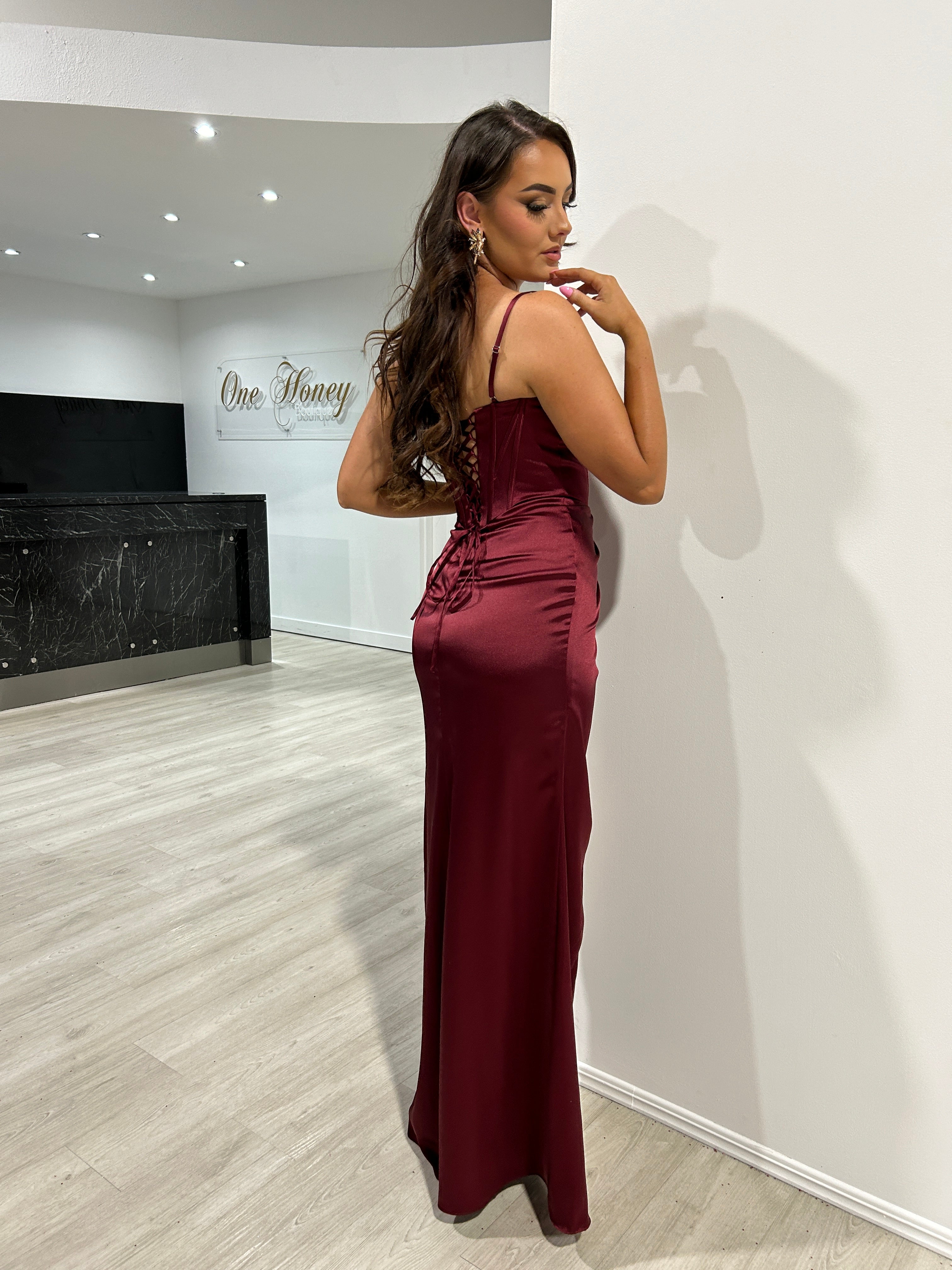 ZENA Satin Corset Bustier dress with lace-up back and leg slit, formal evening gown. Brisbane to Gold Coast, Australia.
