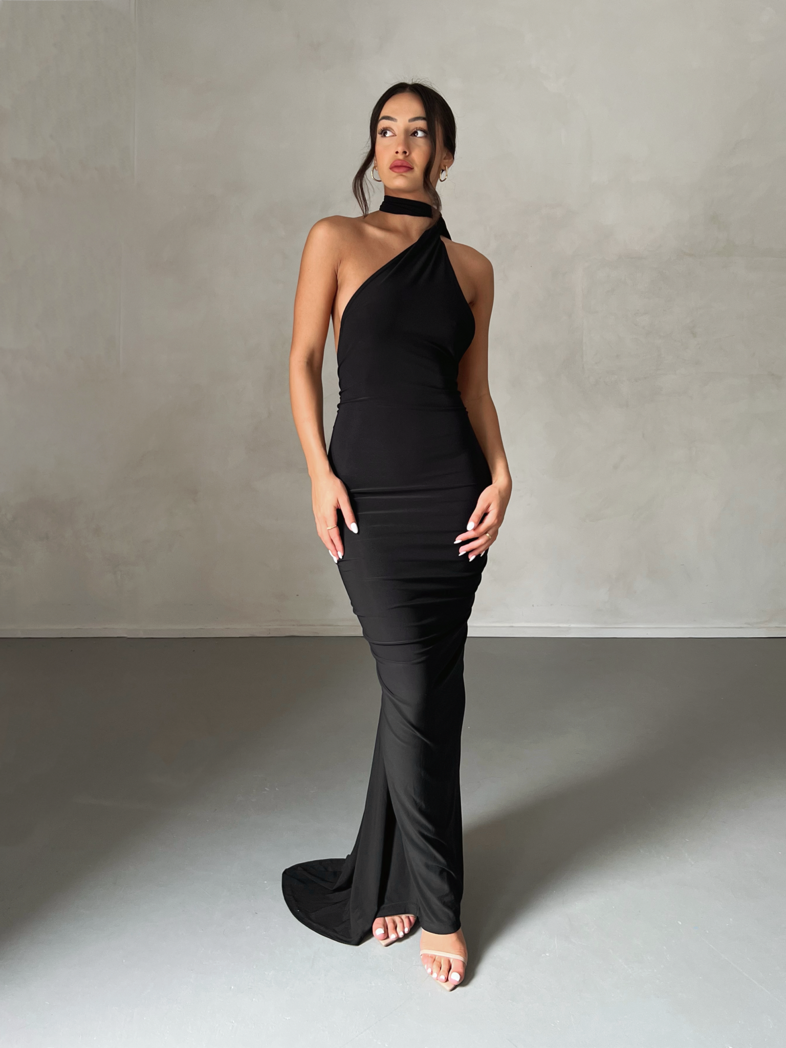 MÉLANI The Label CONSTANTINA Black Asymmetric Halterneck Midi Dress