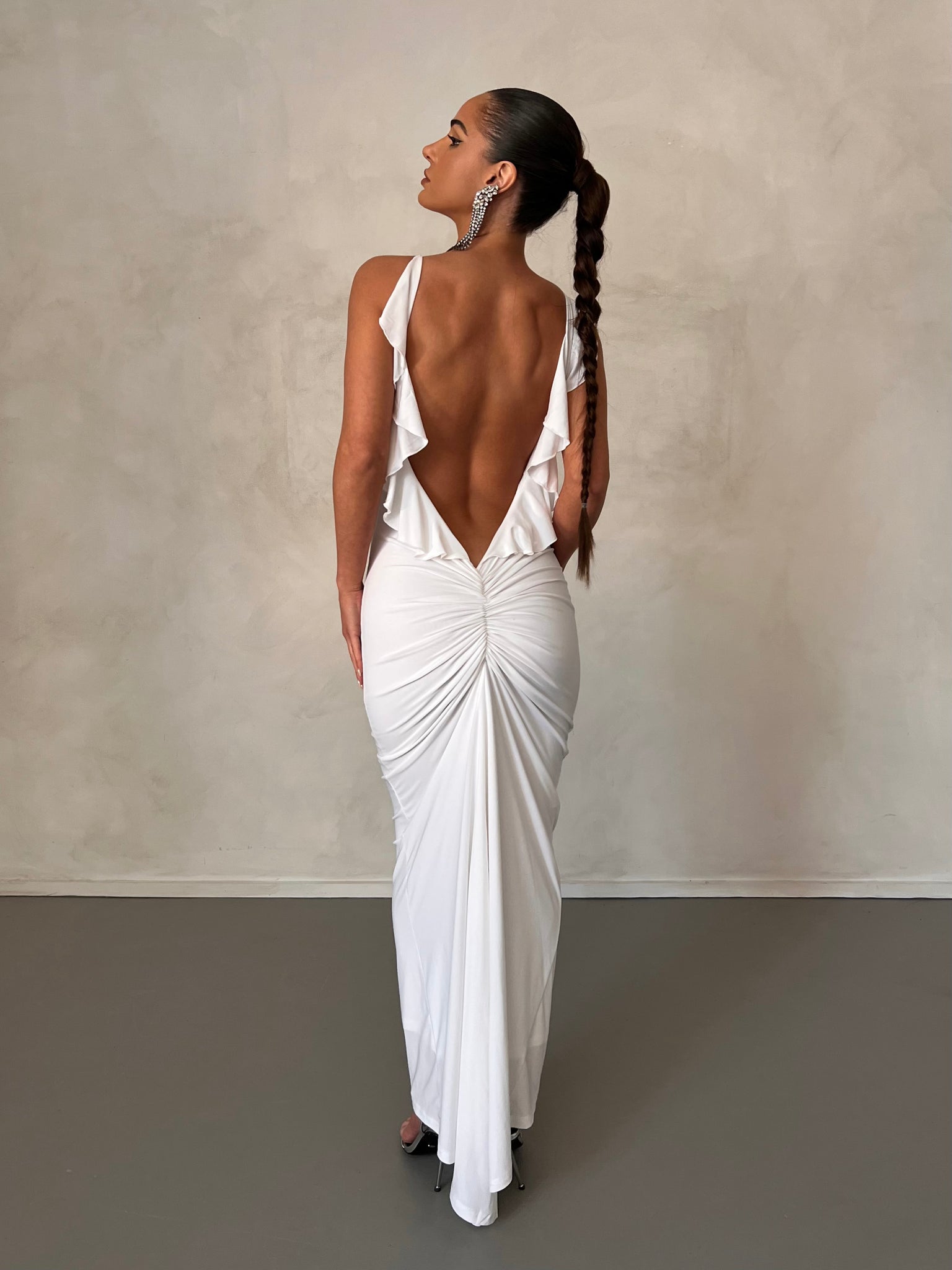 MÉLANI The Label BELLA White Low Back Midi Dress