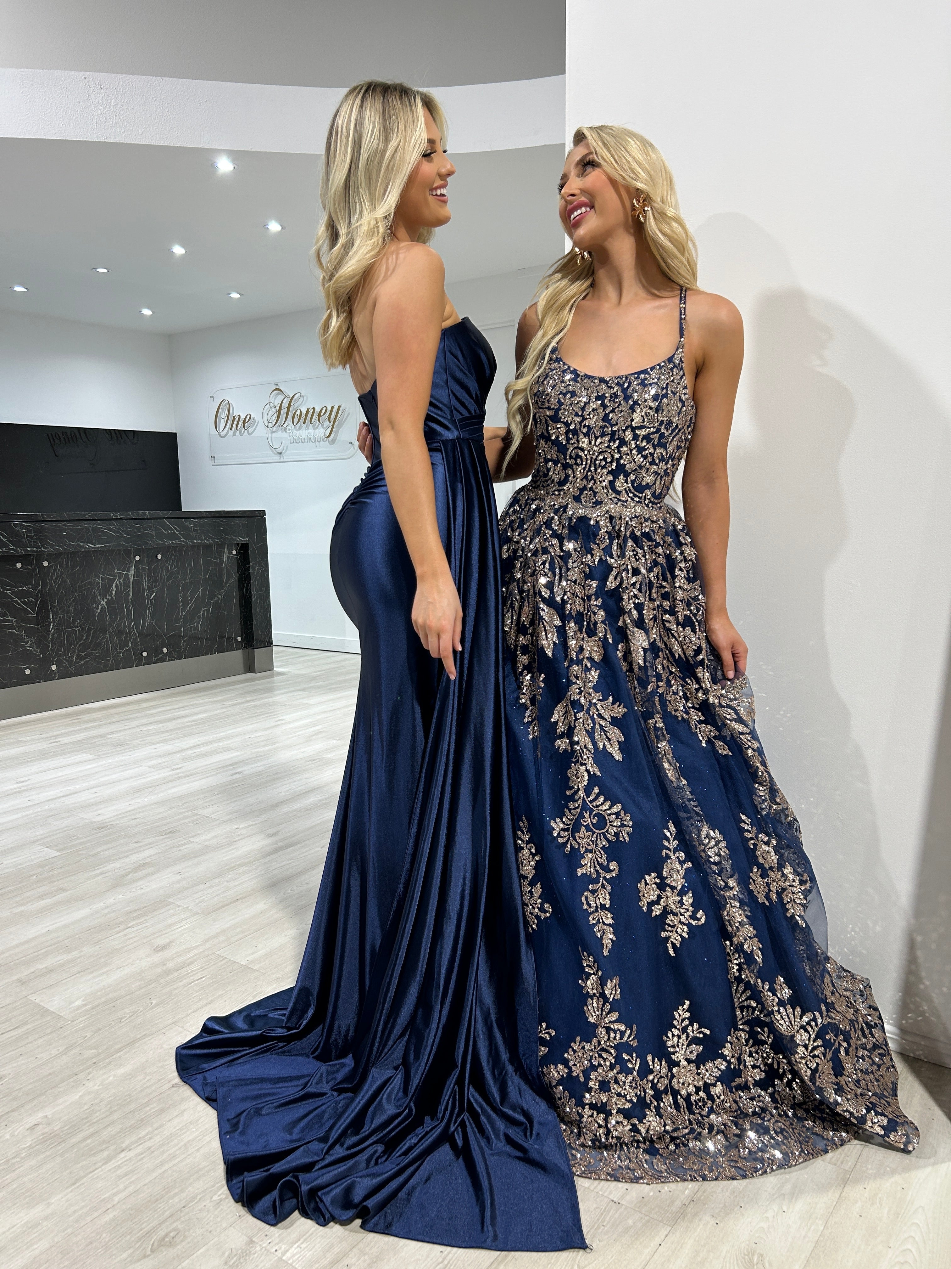 ELEANOR Satin Strapless Mermaid Formal Dress with pointed bust, complemented by an embroidered floral evening gown. Brisbane to Gold Coast.