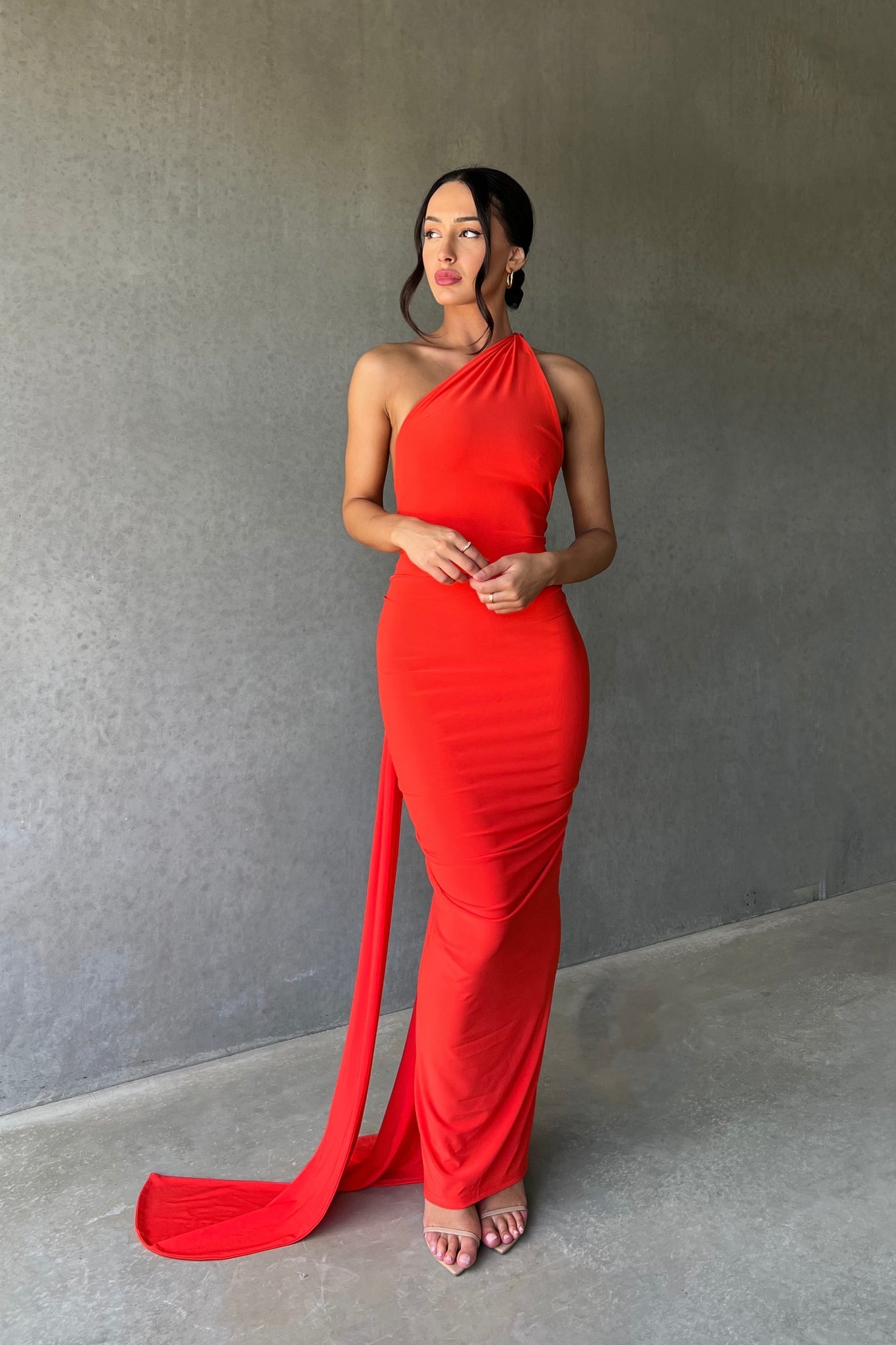 MÉLANI The Label CONSTANTINA Tangerine Asymmetric Halterneck Midi Dress