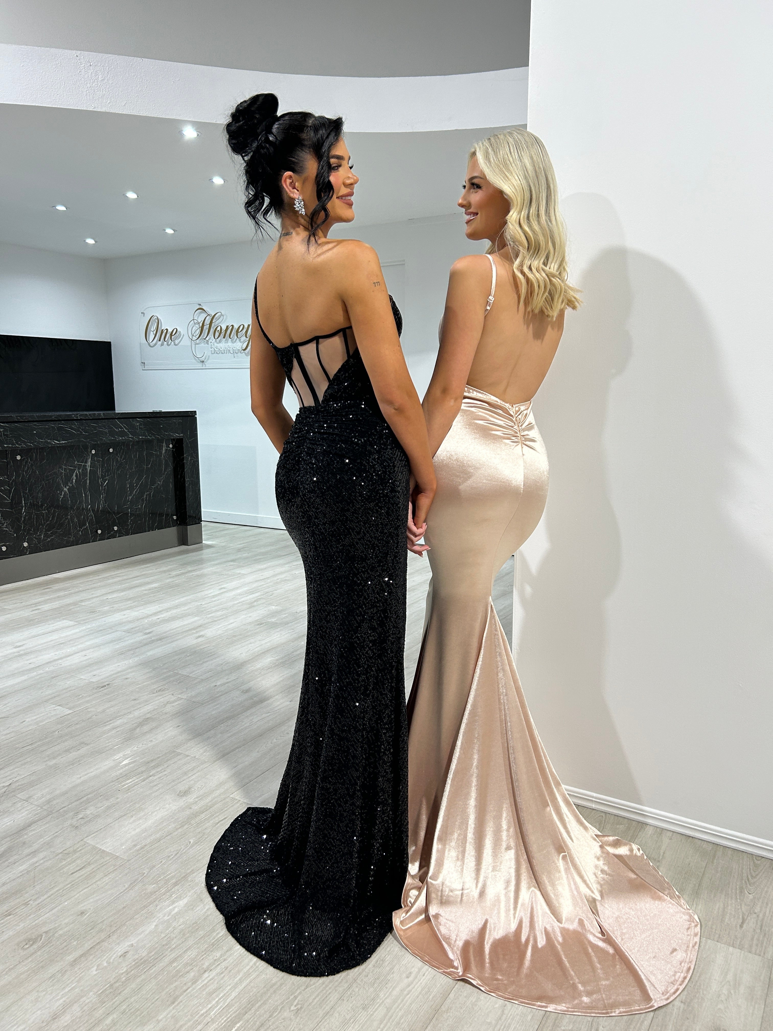 Honey Couture Kylie Champagne Low Back Bum Ruched Mermaid Evening Gown Dress