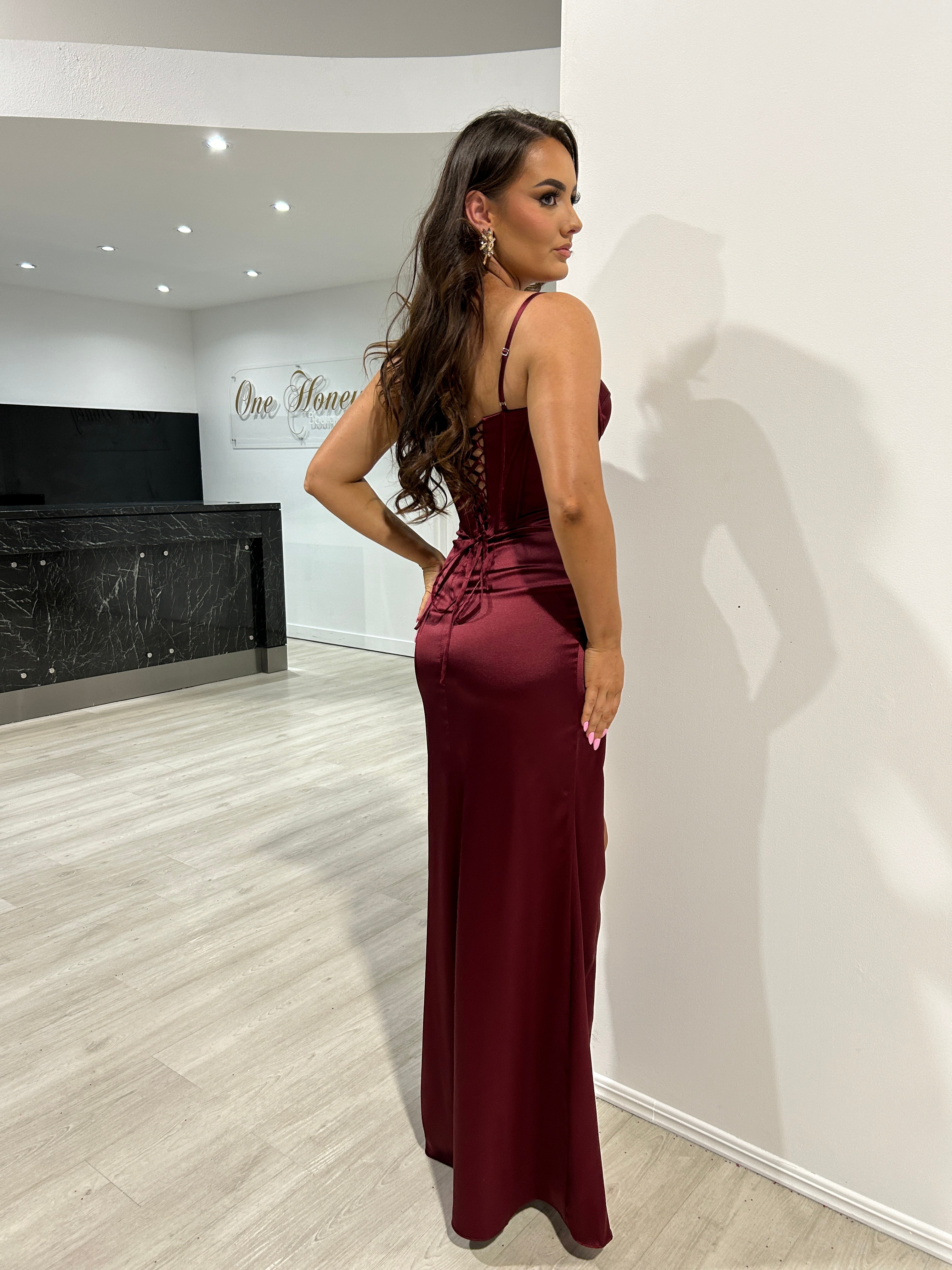 ZENA Satin Corset Dress with Lace-Up Back and Leg Split, Formal Gown for Special Occasions, Brisbane to Gold Coast, Australia.