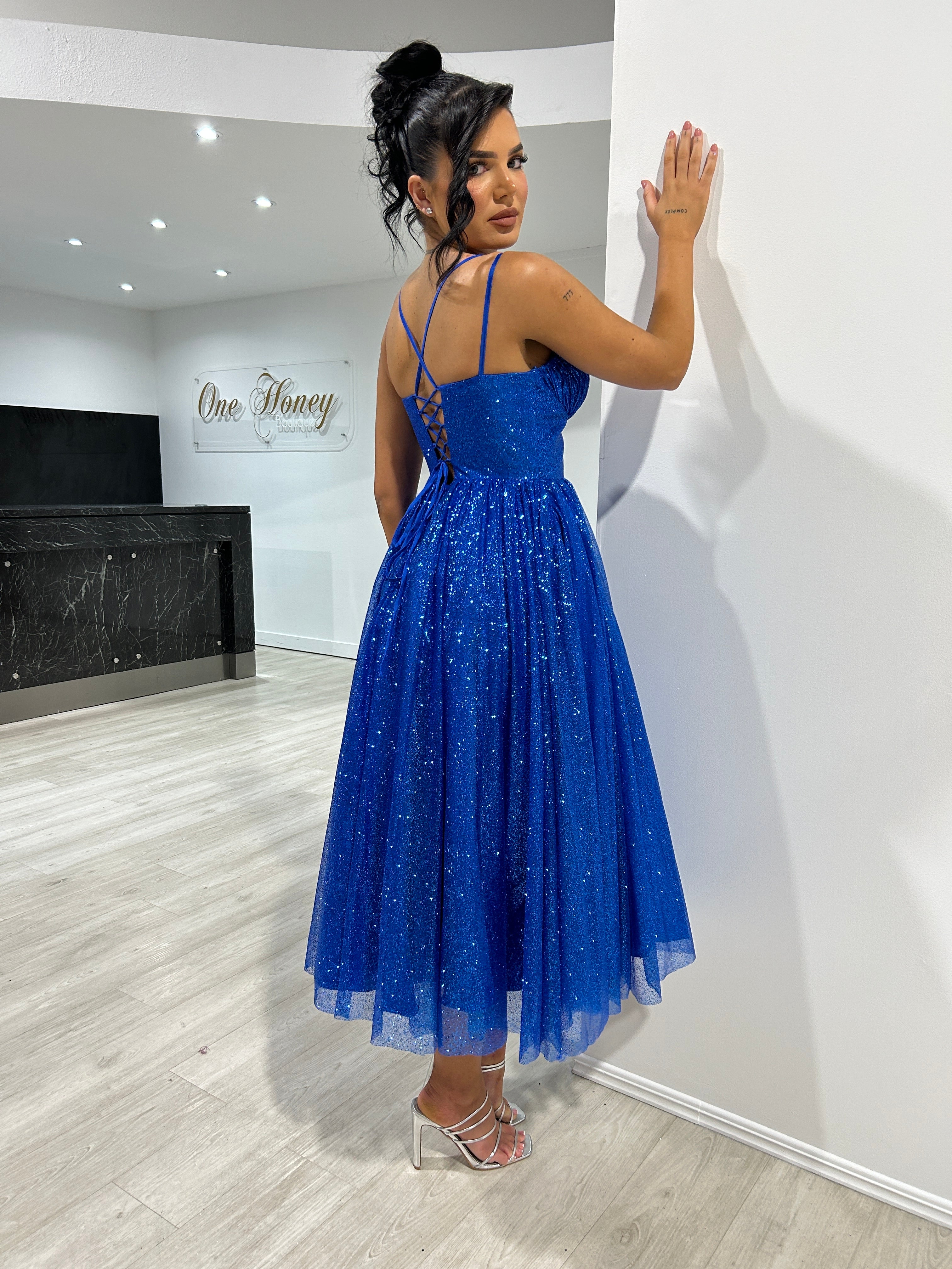 CAM Glitter Corset Midi Dress with lace-up back and glittered bodice, perfect for evening gown events. Brisbane to Gold Coast, Australia.