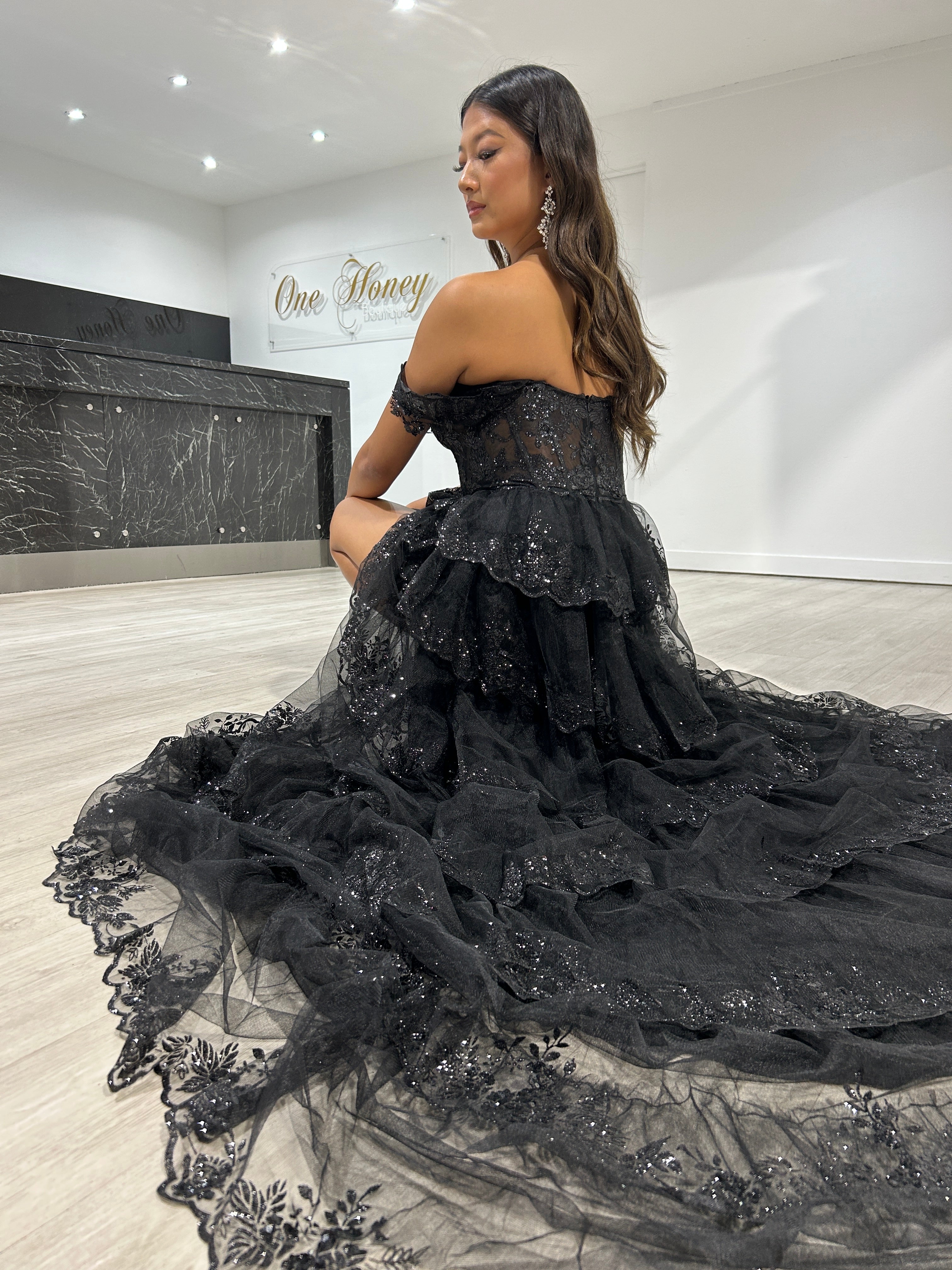 Honey Couture NATASHA Off Shoulder Layered Tulle Ball Gown - Australian Designer Prom Dress - Sparkly Evening Gown