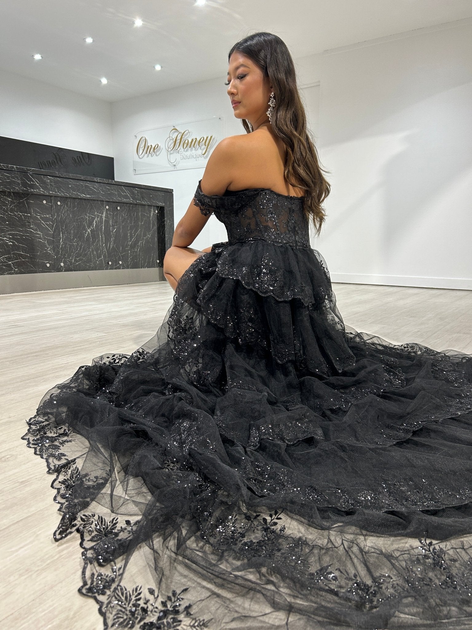 Honey Couture NATASHA Off Shoulder Layered Tulle Ball Gown Formal Dress in Australia | One Honey Boutique