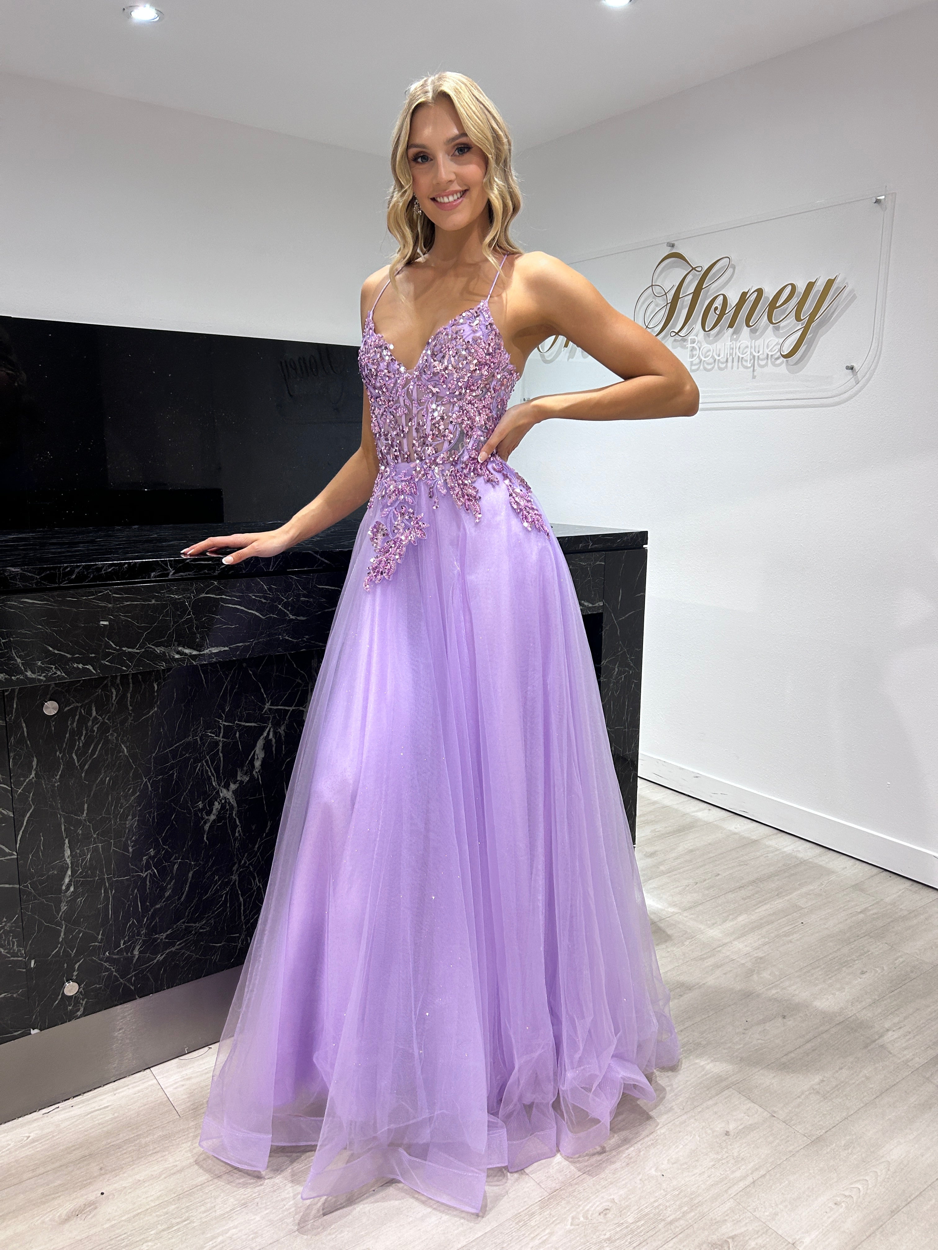 Woman in Honey Couture NOVINE Sequin & Glitter Mesh Tulle Prom Dress, featuring lace appliqué and layered tulle, Australian Formal attire.