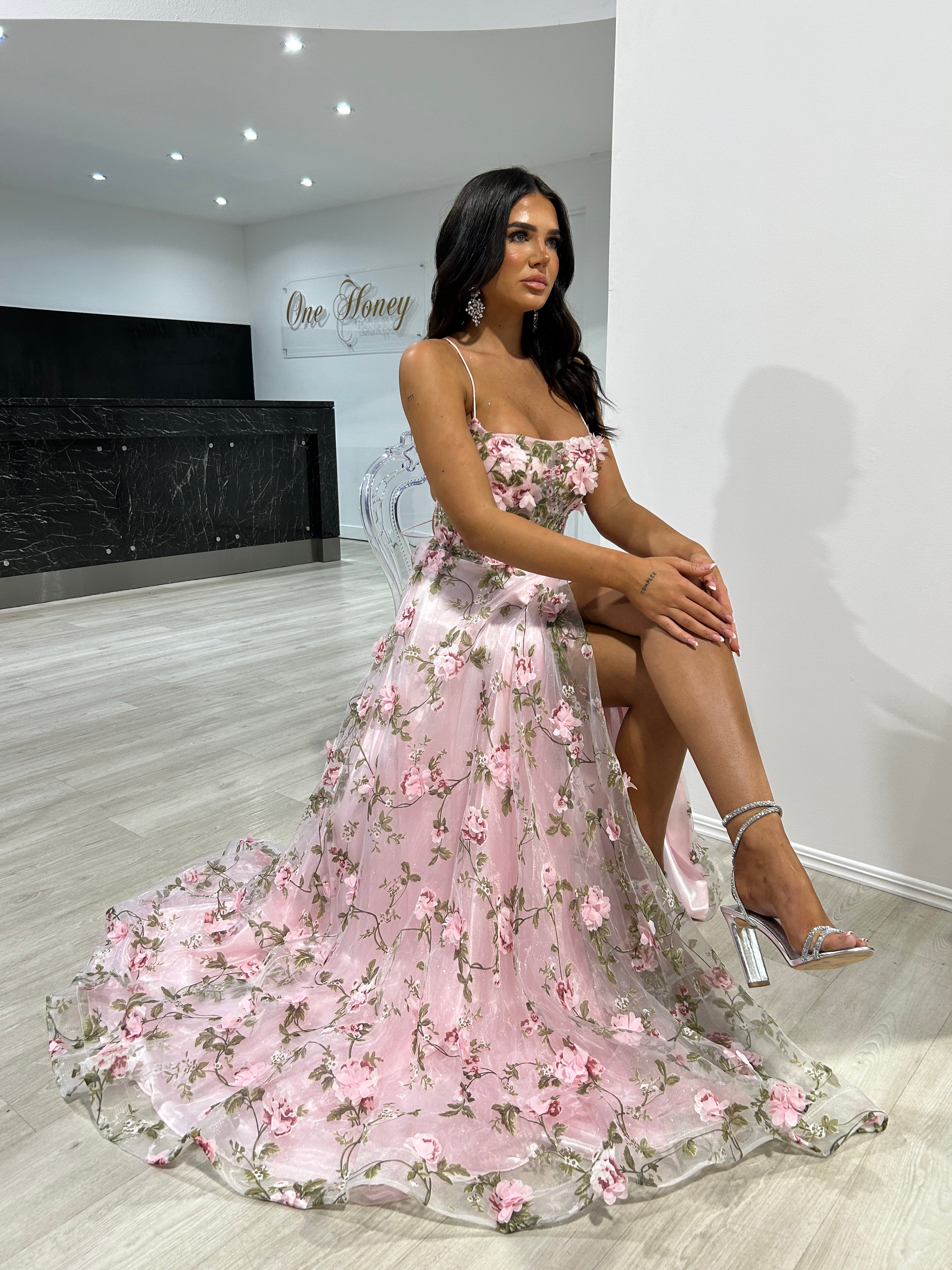 PORTAFINA floral corset A-line formal dress with delicate floral appliqués, perfect for special occasions. Brisbane to Gold Coast.