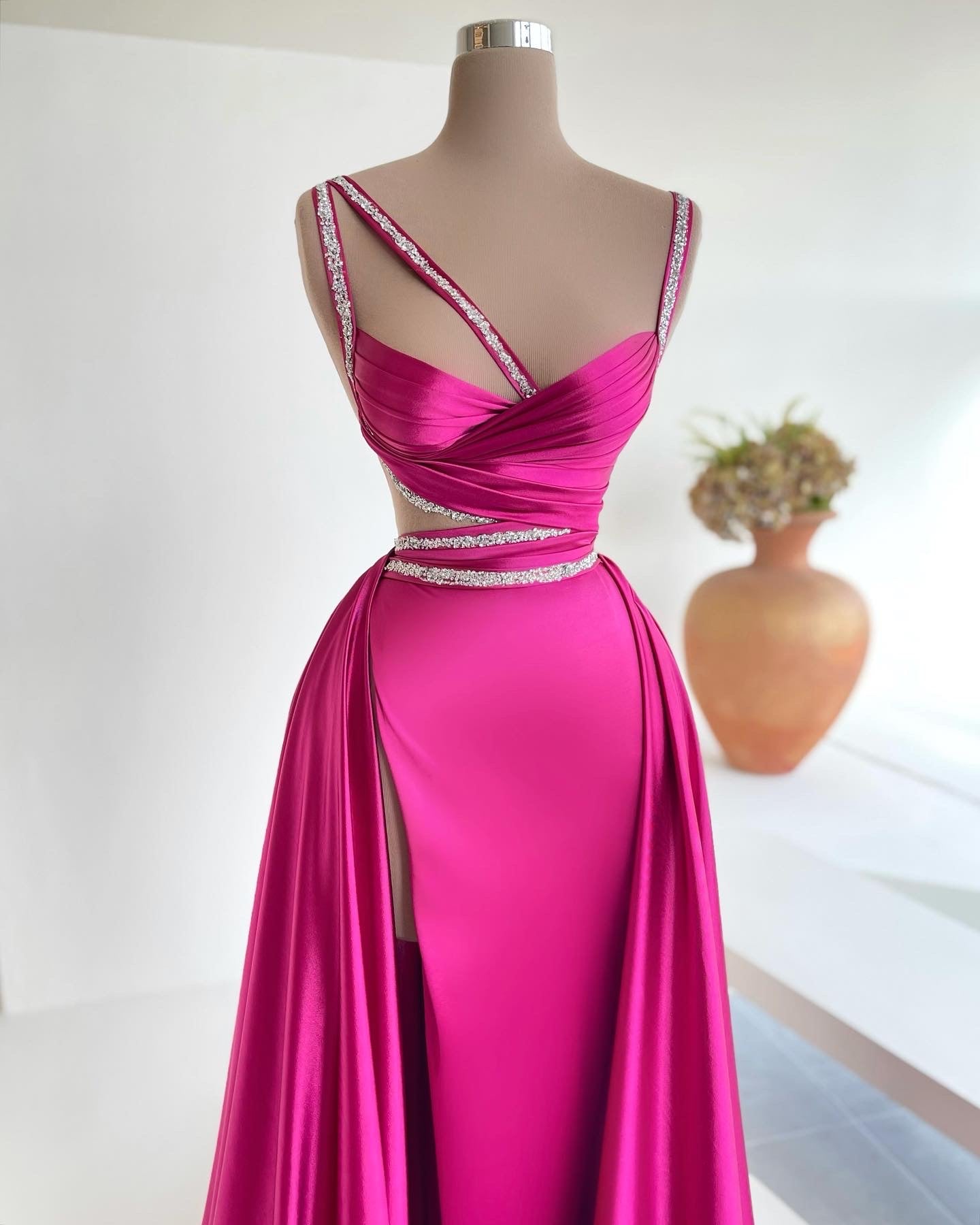 MINNA Fashion ROSY Pink silky cut-out mermaid dress with glitter straps and leg slit. Perfect for formal events. Brisbane to Gold Coast.