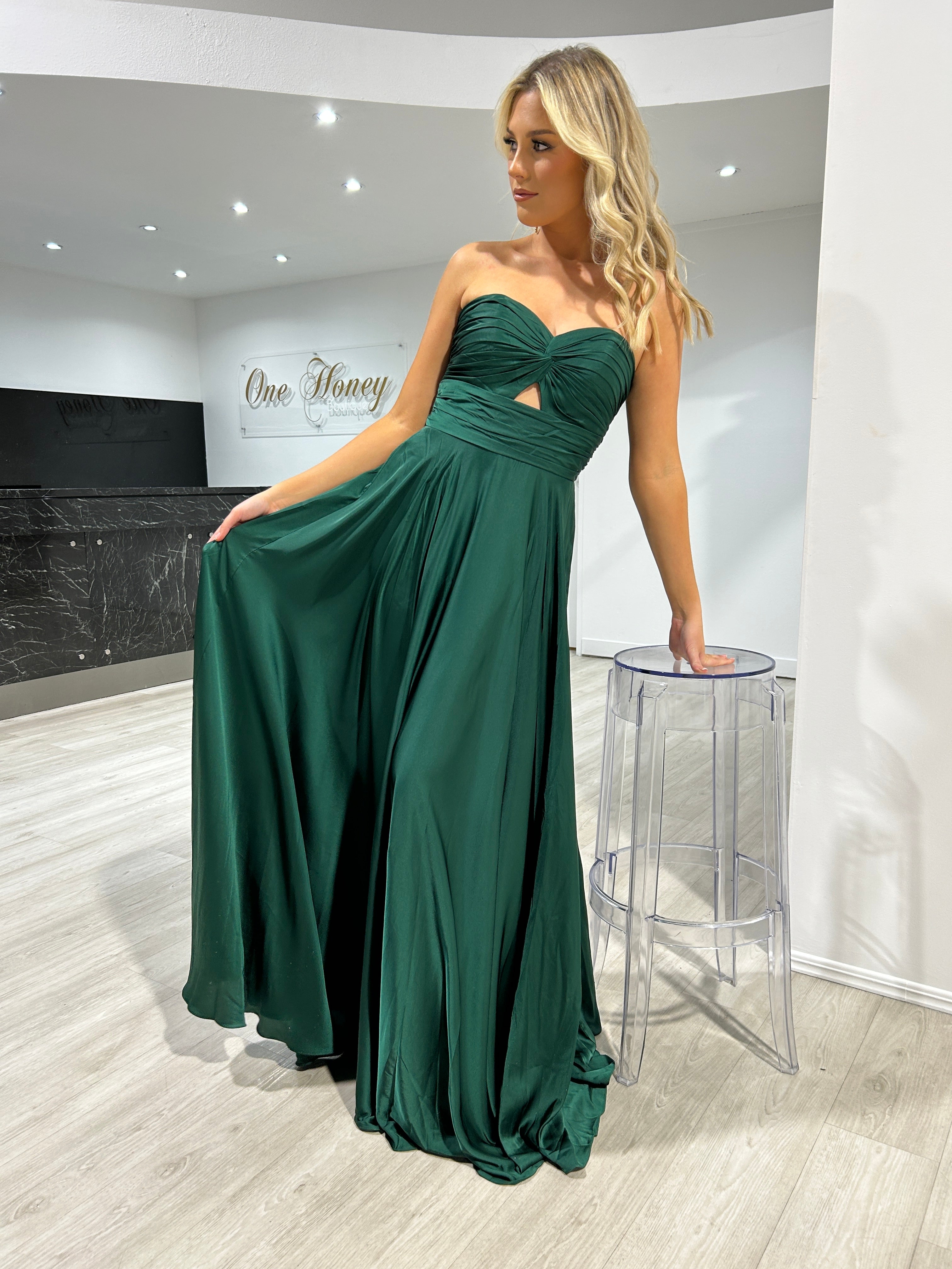 Honey Couture WILLOW Emerald Green Strapless Keyhole Silky A Line Bridesmaid Formal Dress