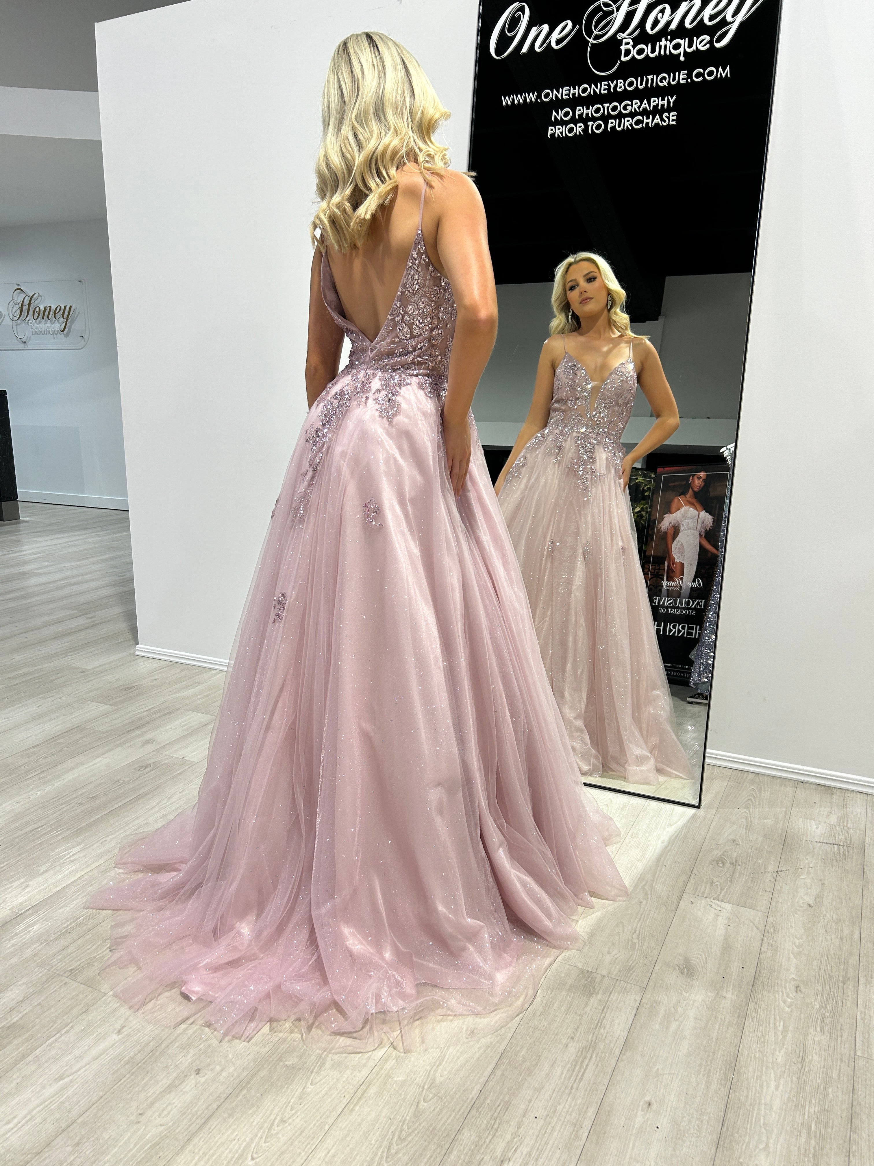 Back view of Honey Couture IRENA Dusty Rose Glitter A Line Formal Dress, Australian Designer, elegant prom attire, evening gown fashion.