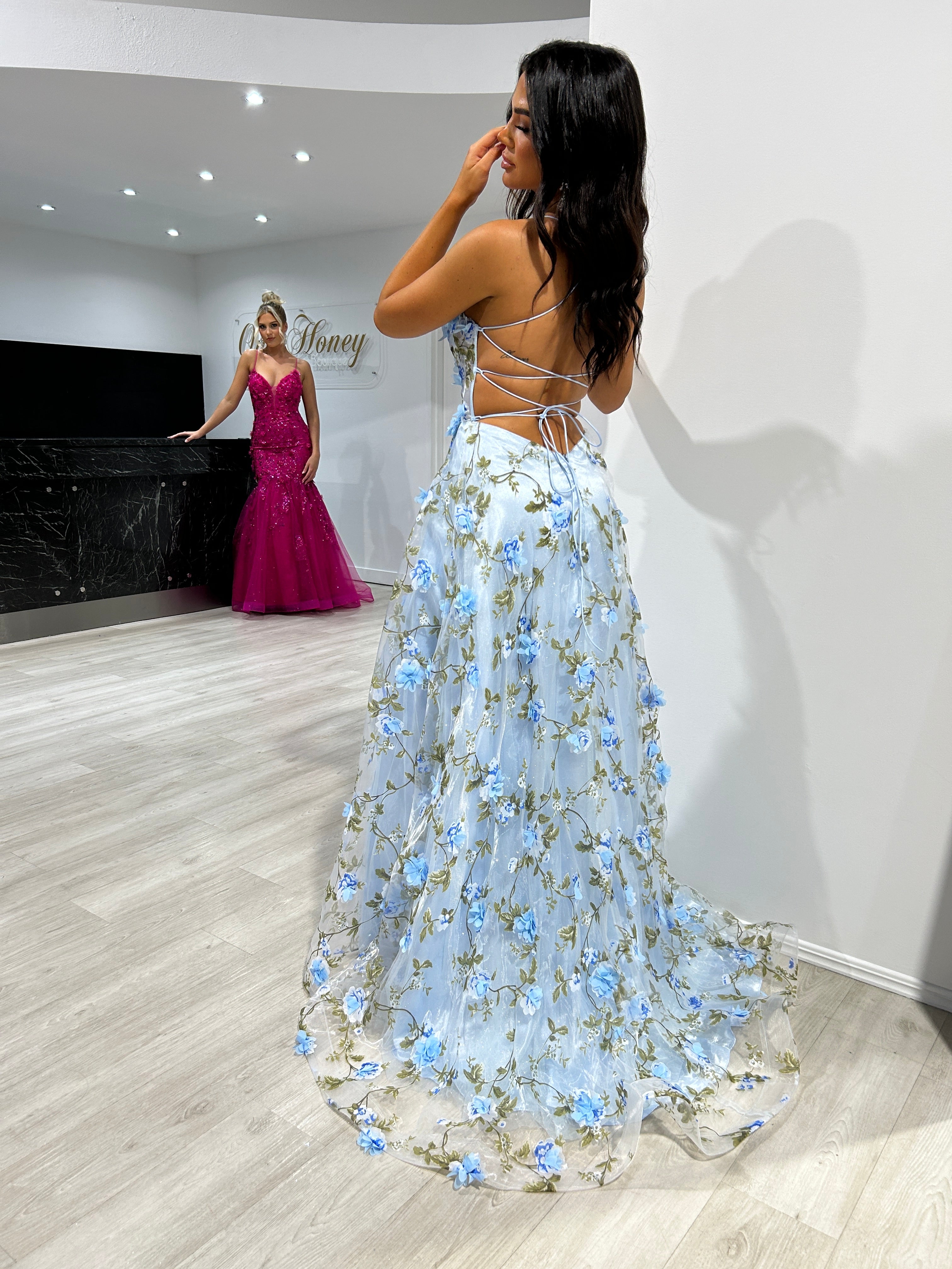 Honey Couture PORTAFINA Blue Floral A Line Formal Dress