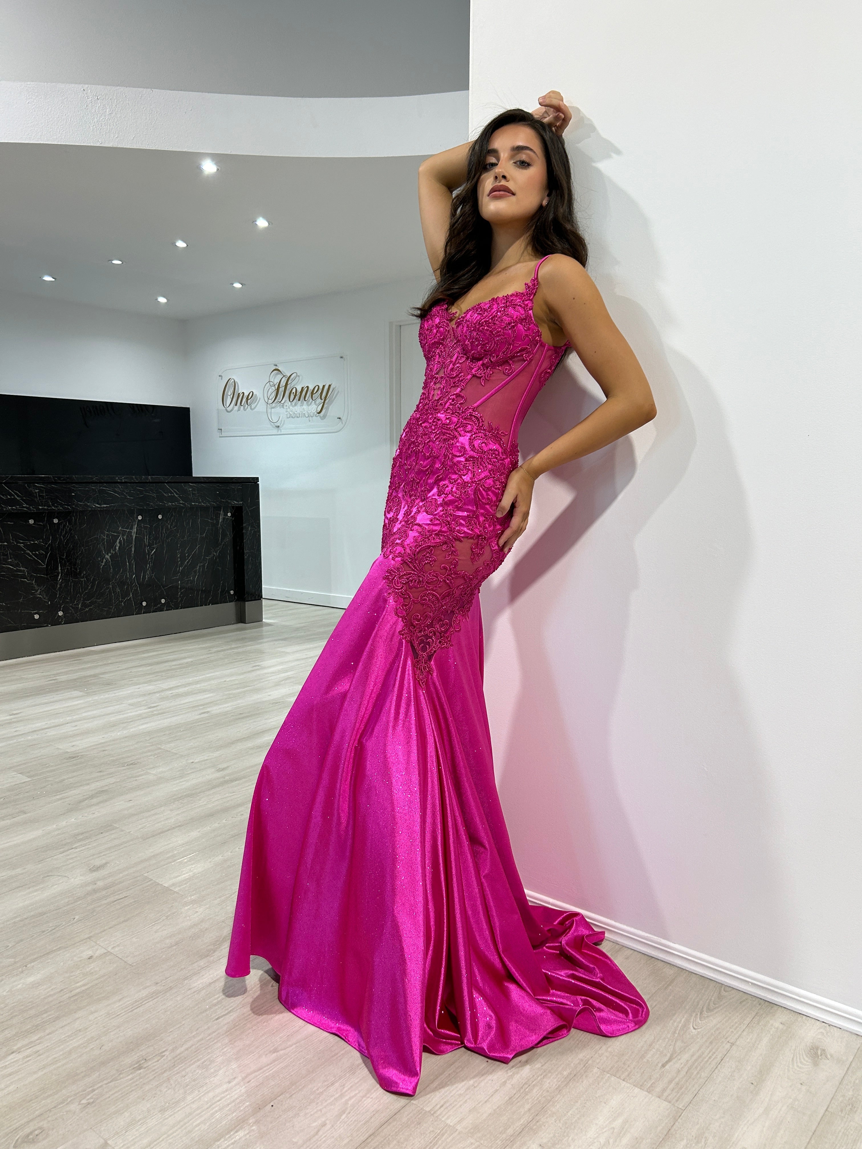 JEAN lace and glitter formal dress with fishtail silhouette, featuring intricate lace bodice. Evening gown Brisbane to Gold Coast.