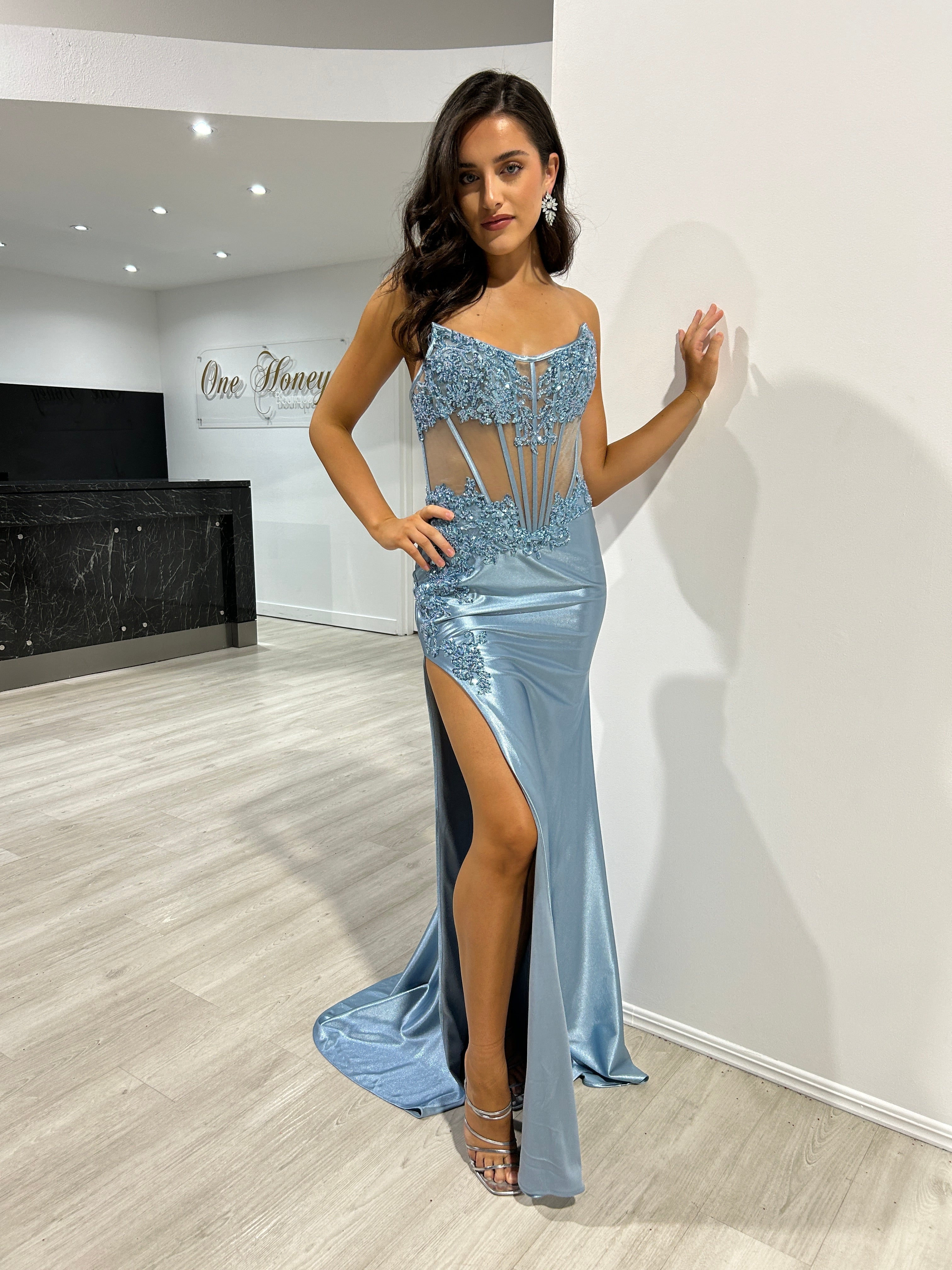 AZURA Strapless sheer corset silky mermaid formal gown with sequin details, evening dress. Brisbane to Gold Coast, Australia.