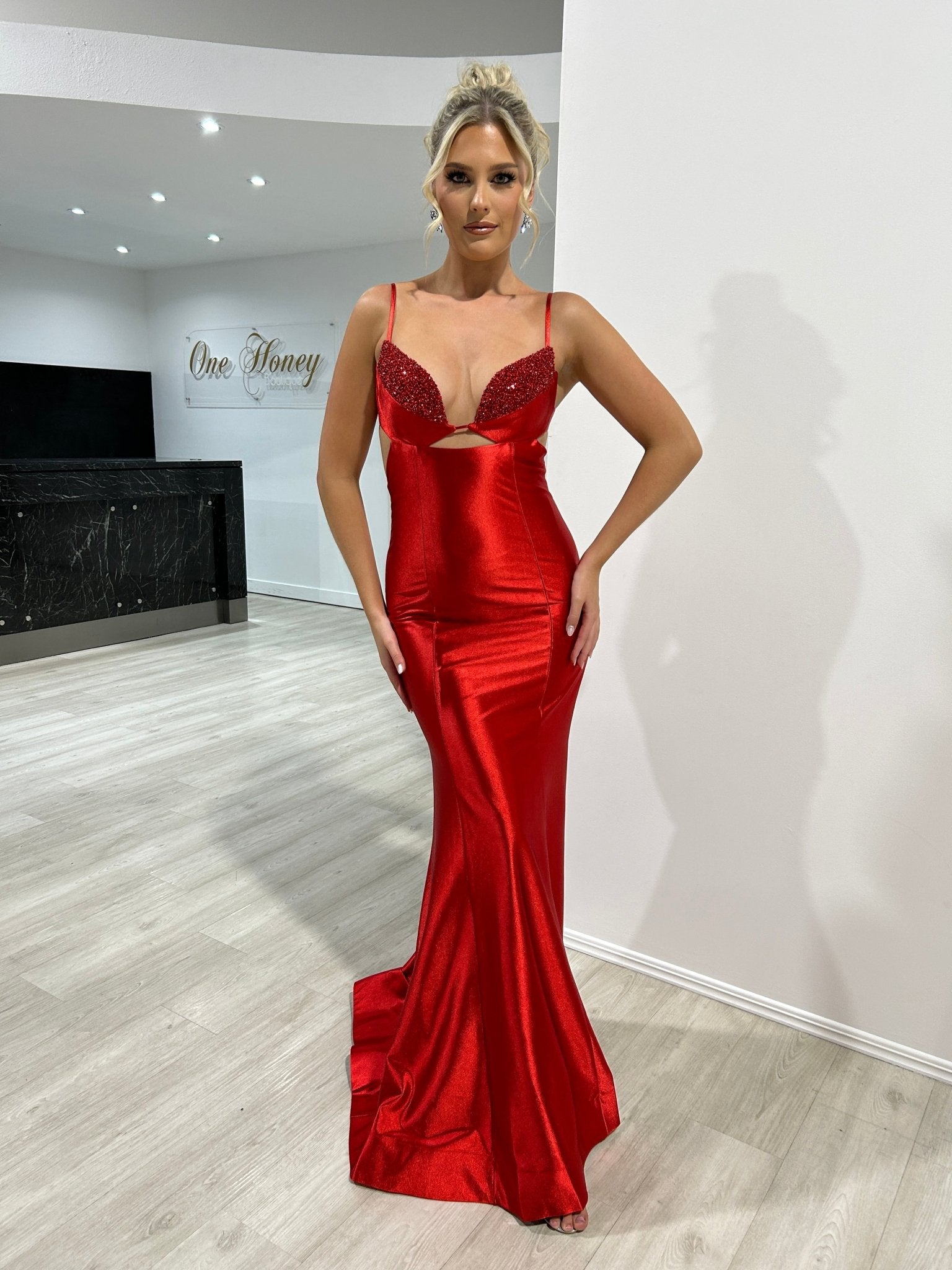 MONA Satin Diamanté Bra Detail Mermaid Formal Dress in Australia | One Honey Boutique