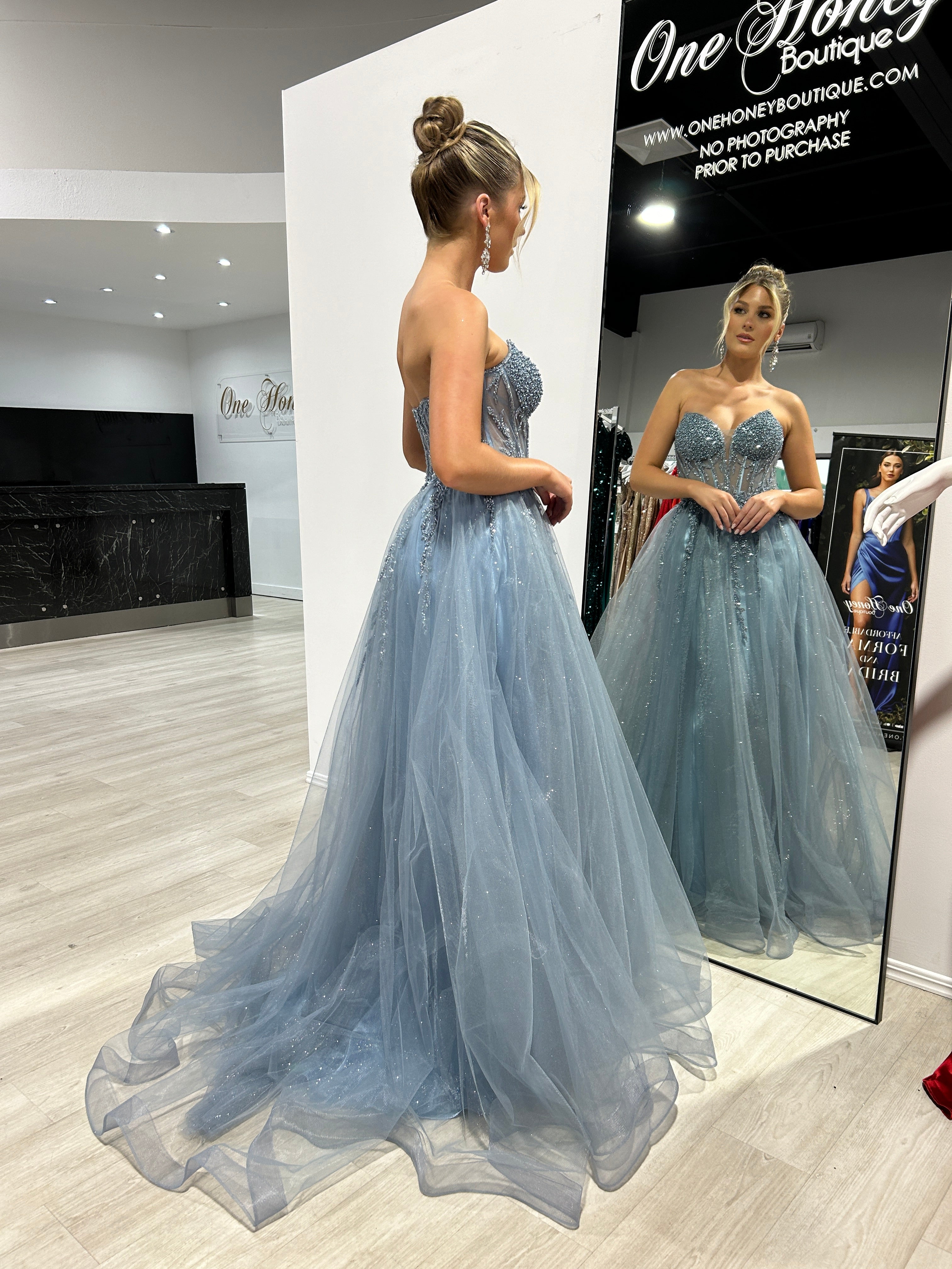 YZMA Strapless Bustier Tulle A-Line Formal Dress with beaded bodice and tulle skirt, elegant evening gown, Brisbane to Gold Coast.