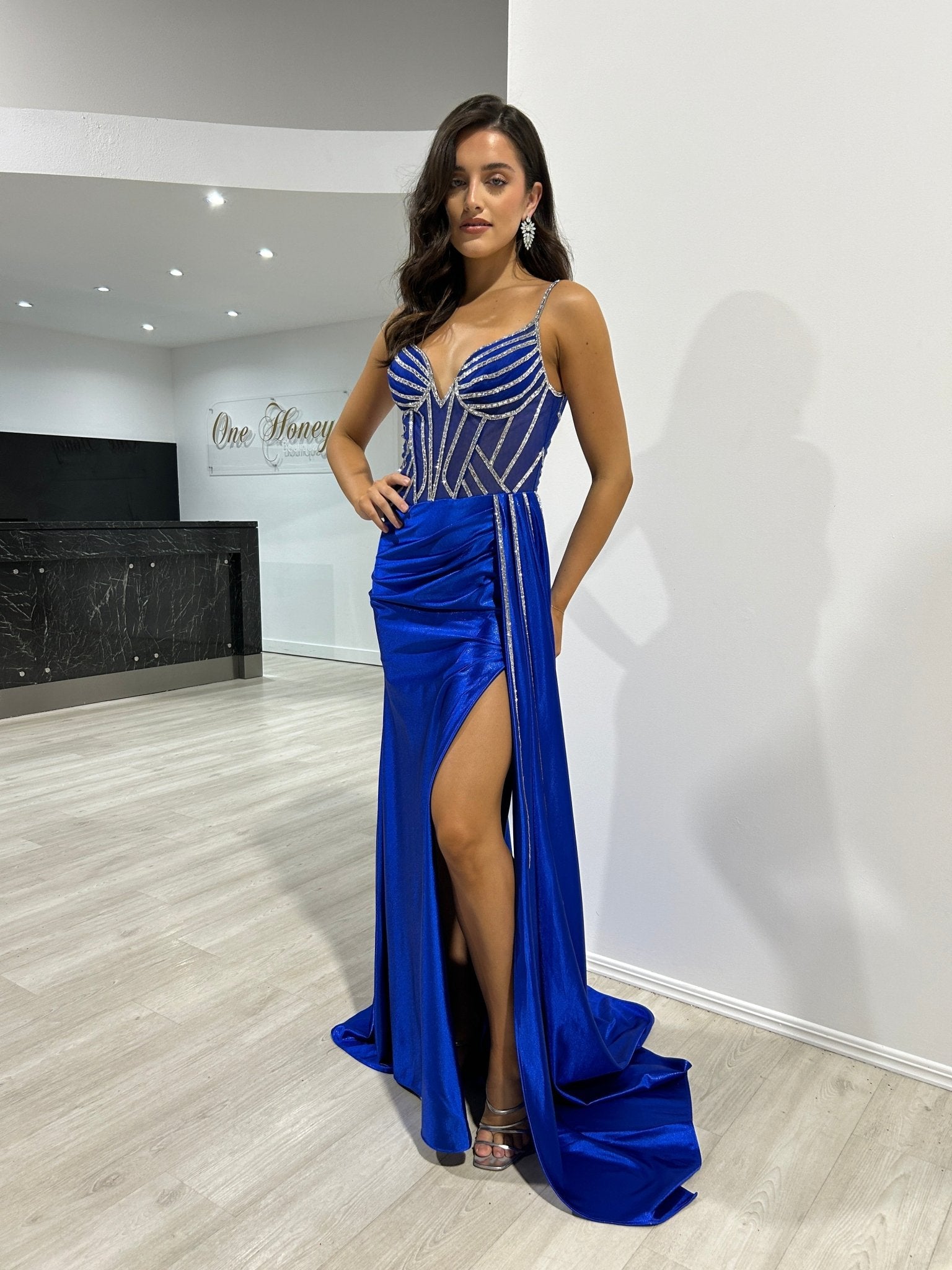 NIA Silky Mirror Tiles Corset Satin Mermaid Formal Dress in Australia | One Honey Boutique