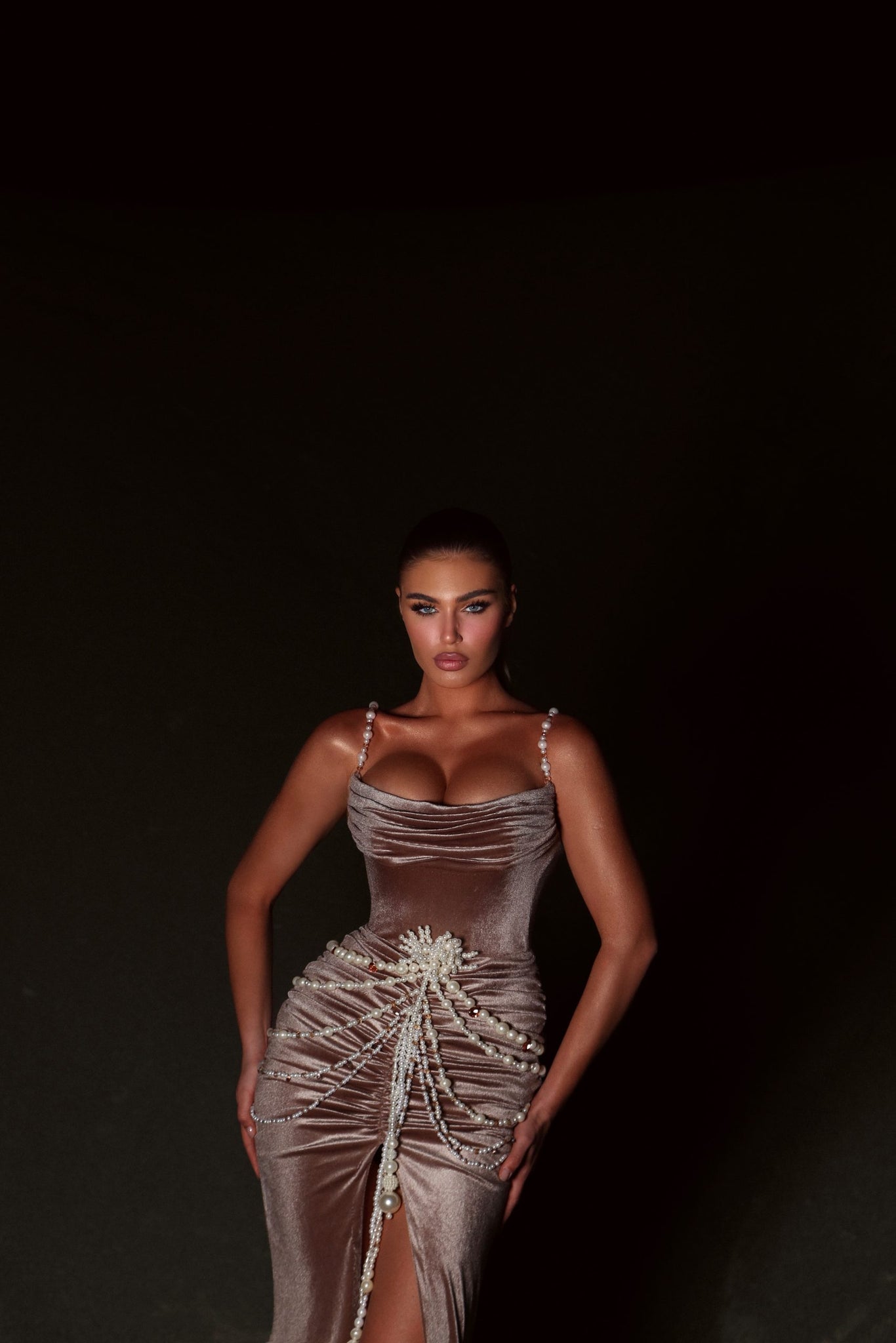 MINNA Fashion BROWNIE dress with mermaid silhouette and pearl details, showcasing elegant beige velvet fabric, Brisbane to Gold Coast.