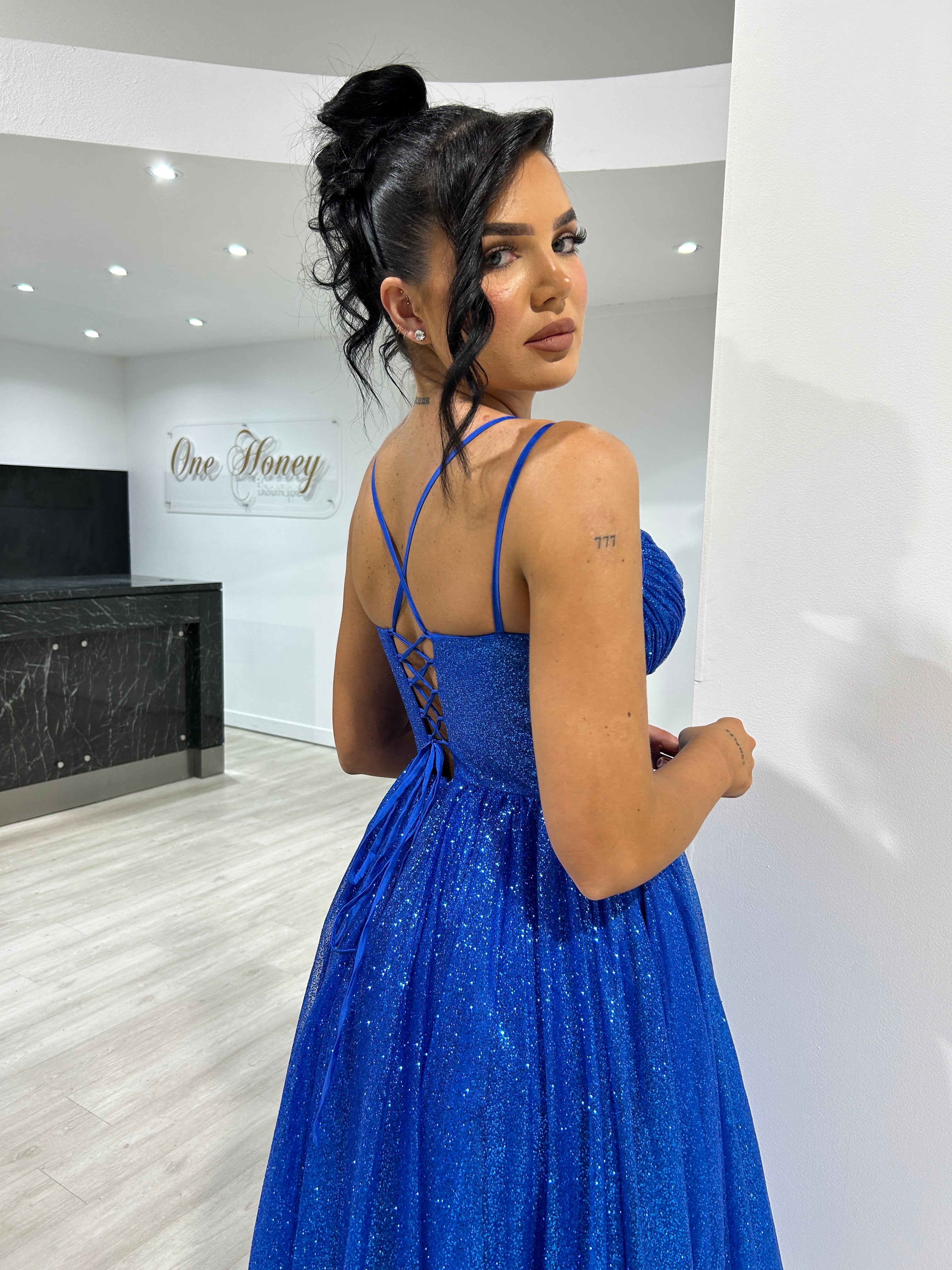 CAM Glitter Tea Length Ball Gown with sparkling blue corset and tulle skirt, perfect for elegant events. Brisbane to Gold Coast, Australia.