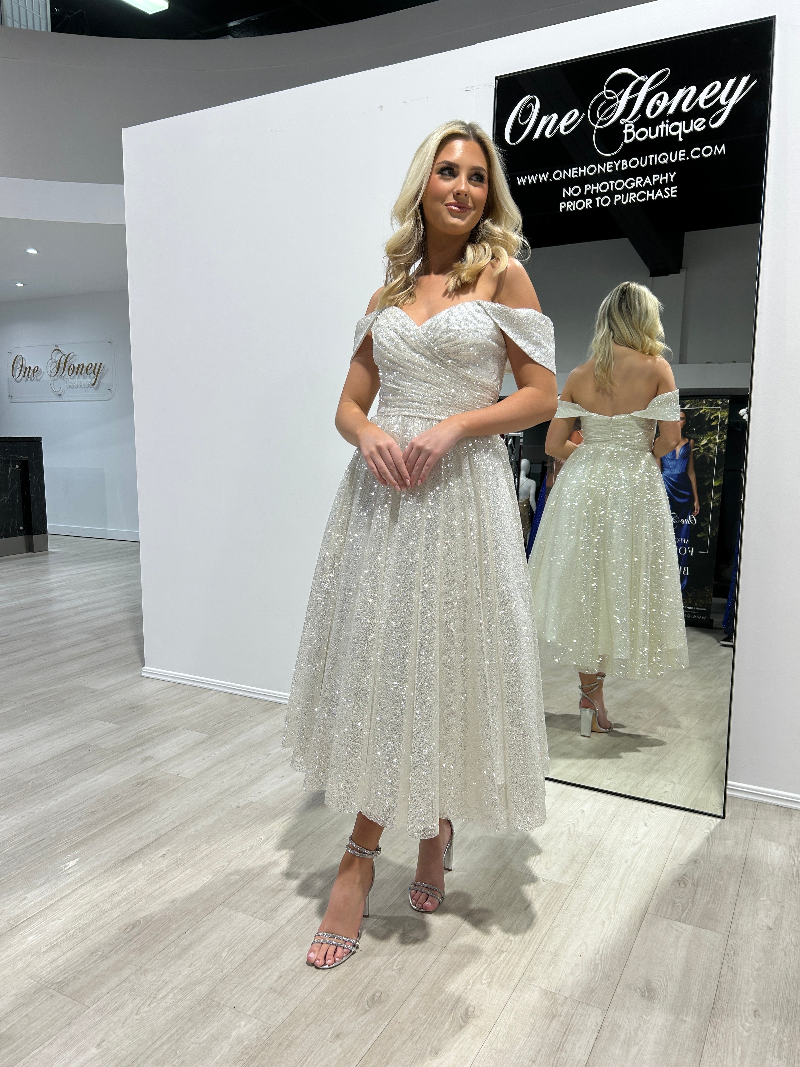 Honey Couture ALINA Off White Glitter Tea Length Off Shoulder Ball Gown, showcasing Australian Designer elegance for prom or evening wear.