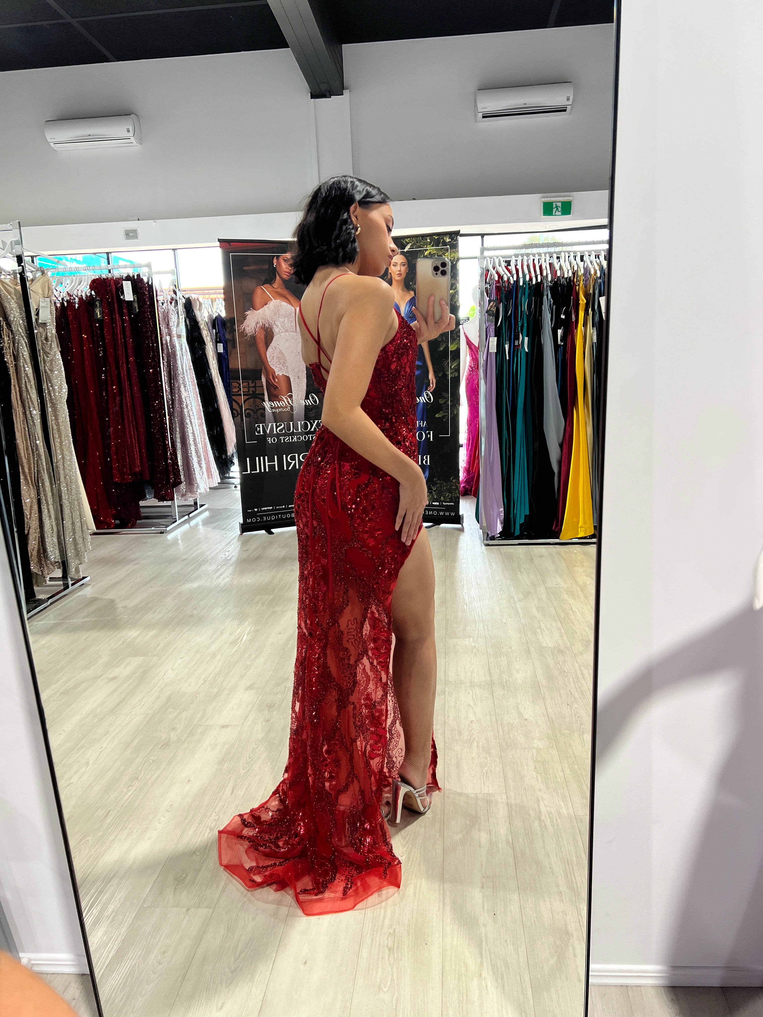 CORA Sheer Mesh Mermaid Formal Gown with mirrored appliqués, side leg slit, perfect for evening events from Brisbane to Gold Coast.