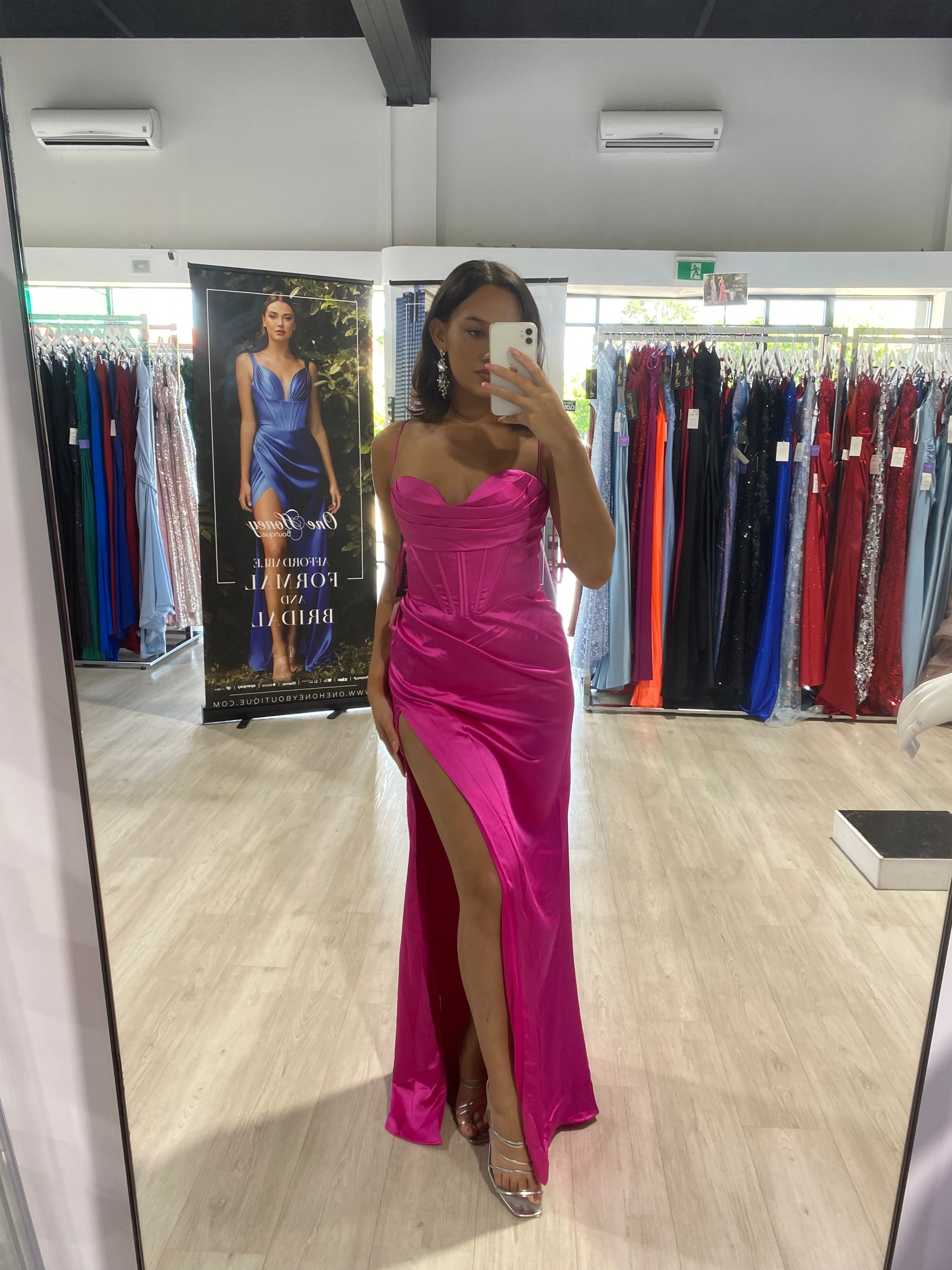 ZENDAYA Satin Corset Bustier School Formal Dress in vibrant pink with a high leg split, perfect for events from Brisbane to Gold Coast.