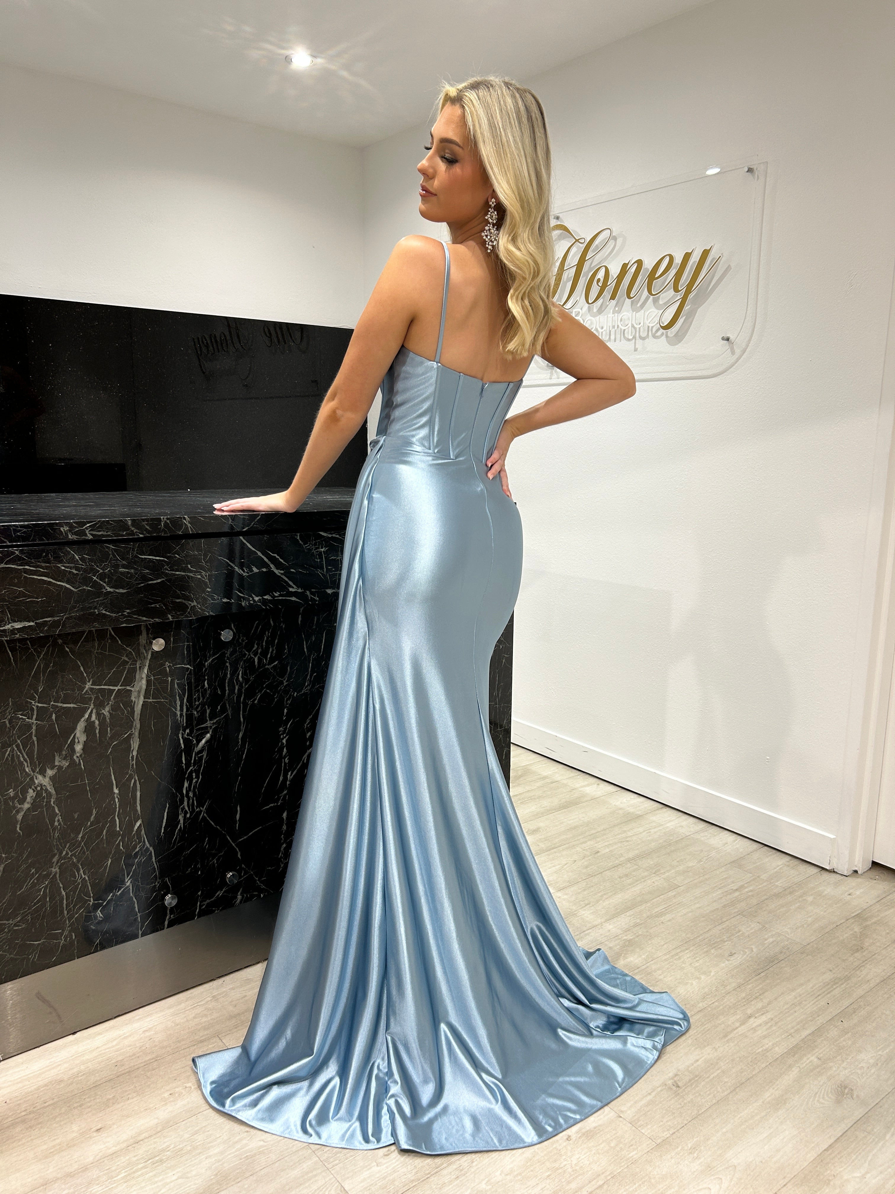 Honey Couture EMILIA Dusty Blue Sweetheart Beaded Detail Corset Bustier Silky Mermaid Formal Dress