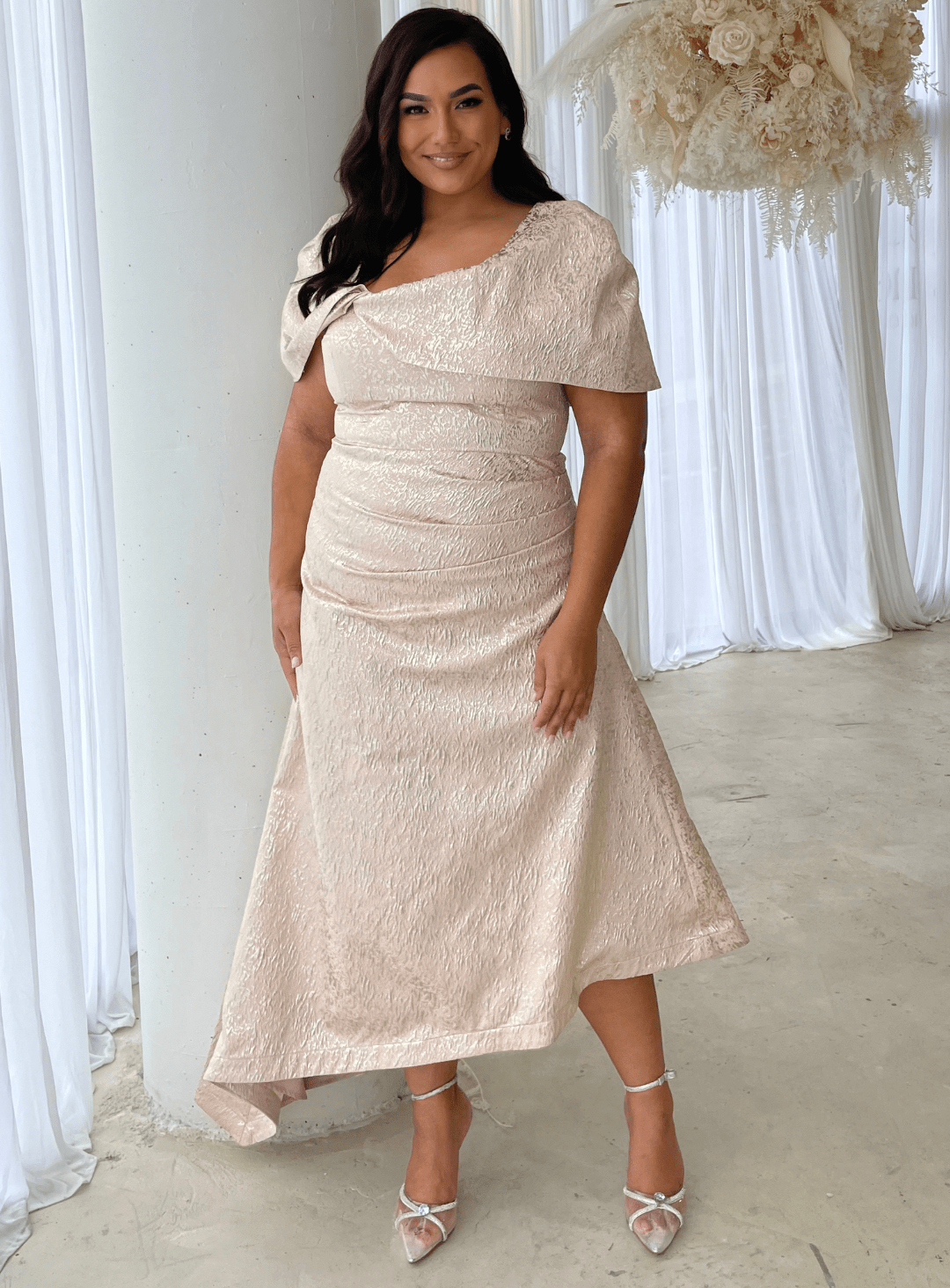 Trellis Lane ARITA Off Shoulder Structured Midi Cocktail Dress in Australia | One Honey Boutique