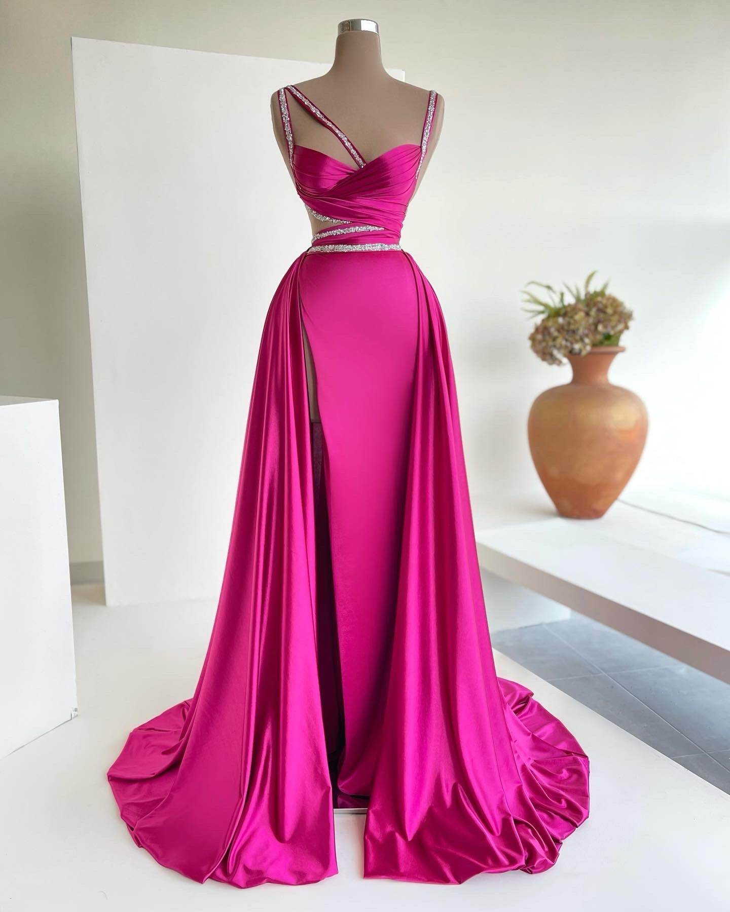 MINNA Fashion ROSY Pink Silky Overskirt Cut Out Mermaid Dress with leg split and sweetheart neckline. Brisbane to Gold Coast, Australia.