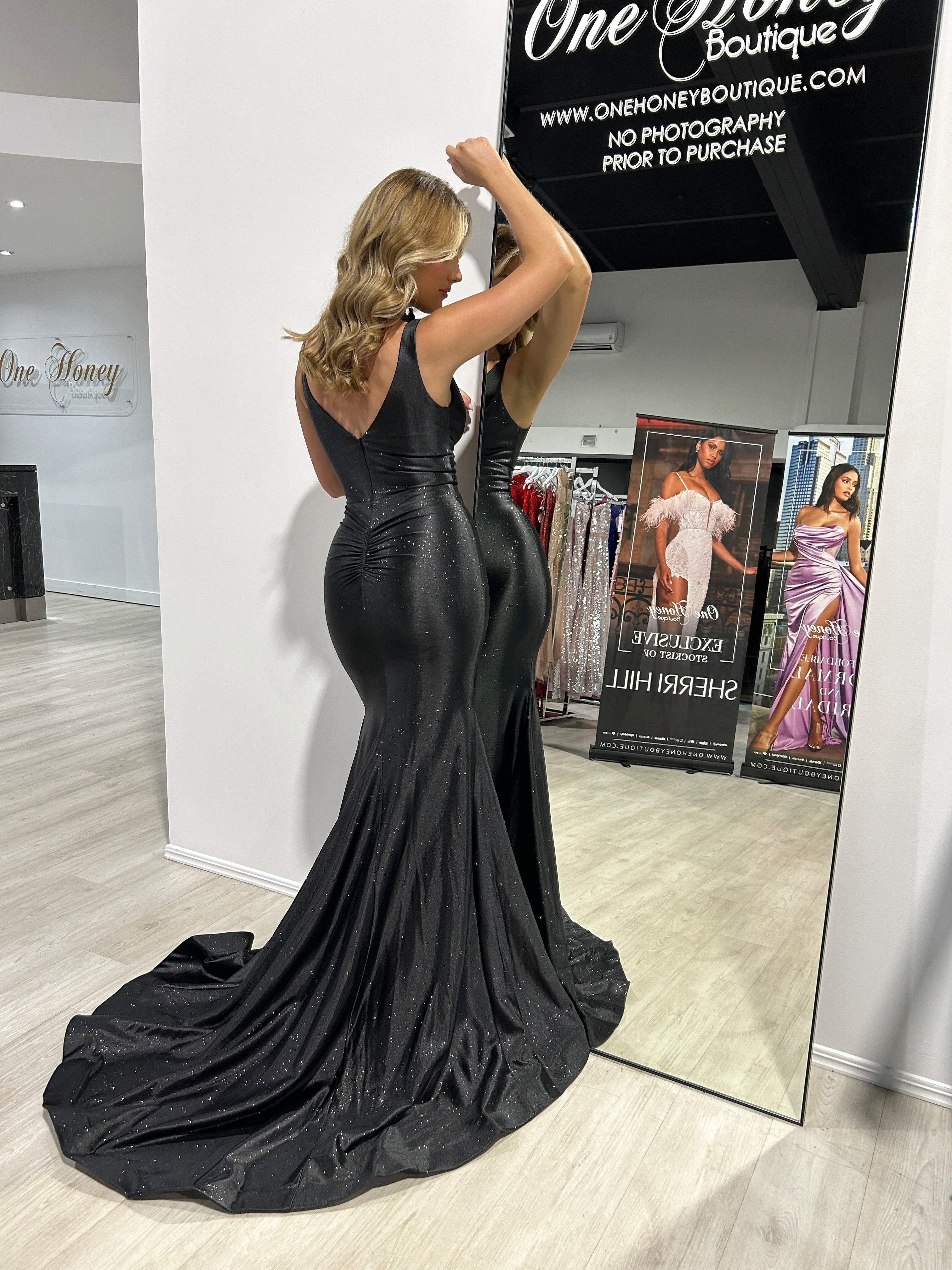 RISTA Stretch Shimmer Satin Mermaid Formal Dress with glitter detail and v-neckline, school formal gown. Brisbane to Gold Coast.