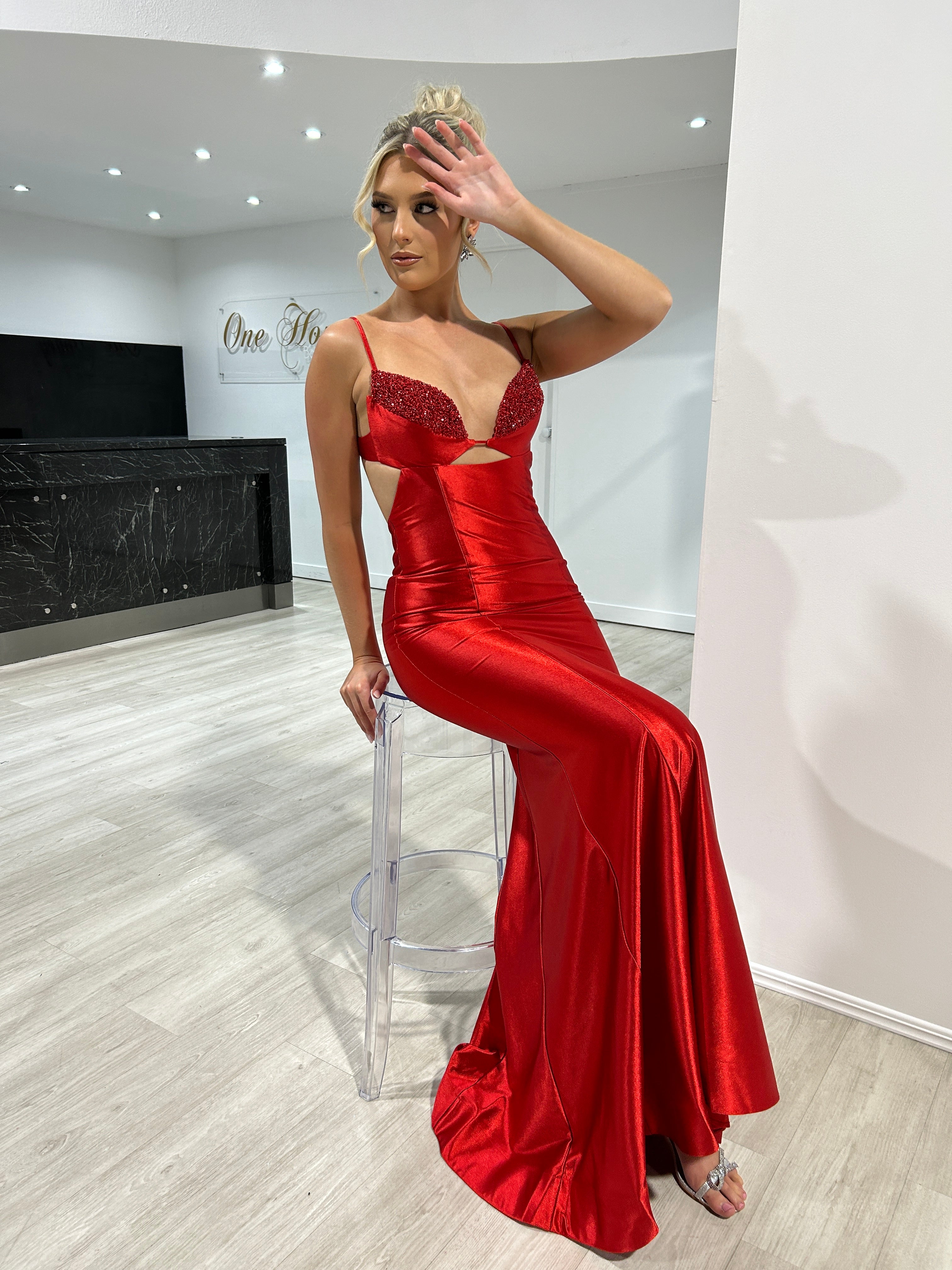 Honey Couture MONA Red Satin Diamanté Detail Mermaid Formal Dress